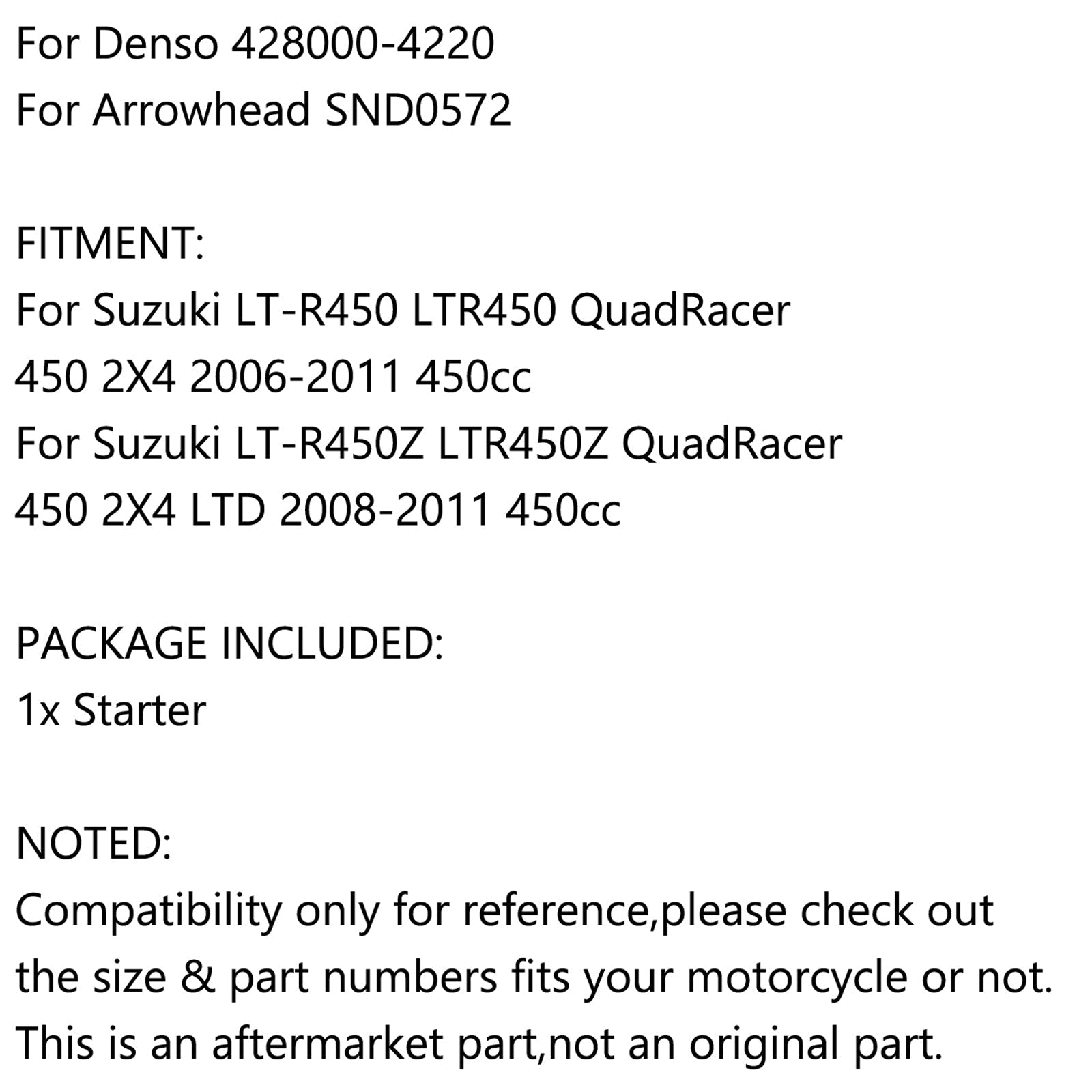 Démarreur pour SUZUKI LTR450 LT-R450 LT-R450Z QUADRACER 450 2006-2011 31100-45G00 générique