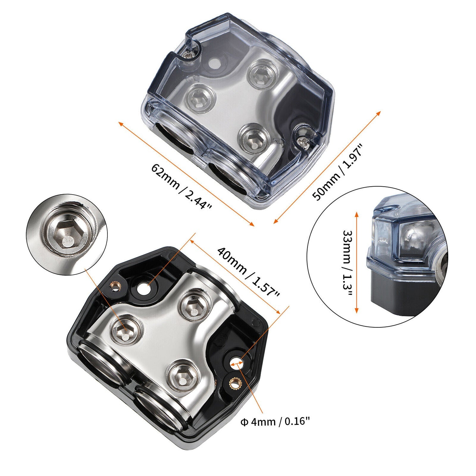 Hittebestendige, doorzichtige plastic behuizing, vernikkeld splitter, verdeelblok, 1x0 in, 2x0 GA uit, bloksplitter, zekeringkast voor auto-audio, marine