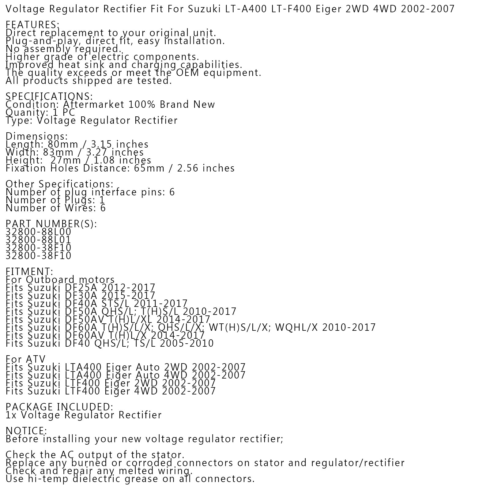 Regulator Rectifier for Suzuki LTA400 LT-A400 Eiger 2WD 4WD 02-07 #32800-38F10 Generic