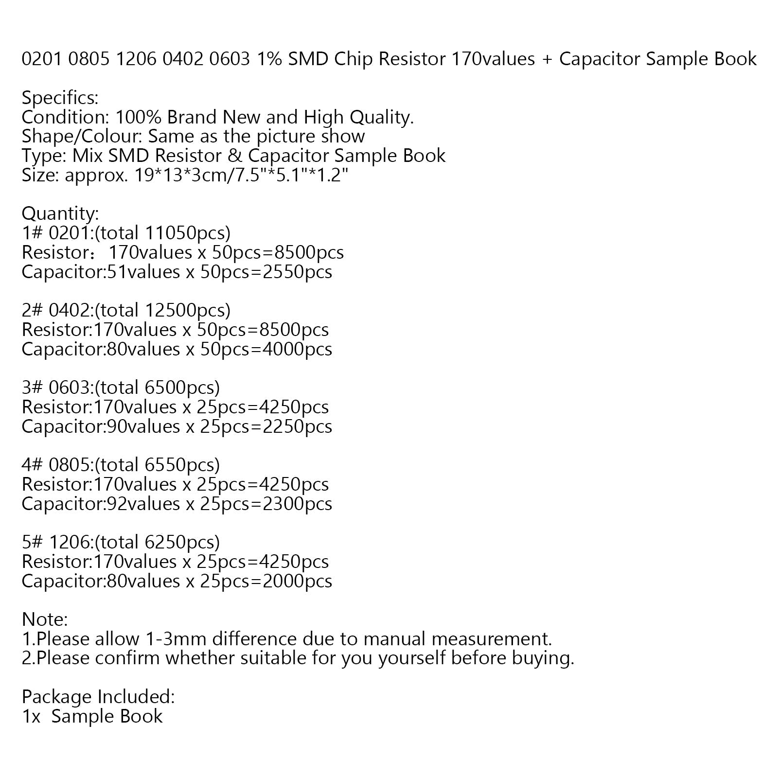 0201 0805 1206 0402 0603 1% SMD Chip Resistor 170values + Capacitor Sample Book