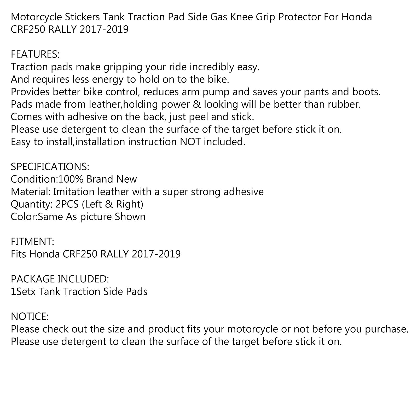 Coussinets de Traction latéraux pour réservoir, protection de poignée de genou à gaz pour Honda CRF250 RALLY 2017 – 2019 générique