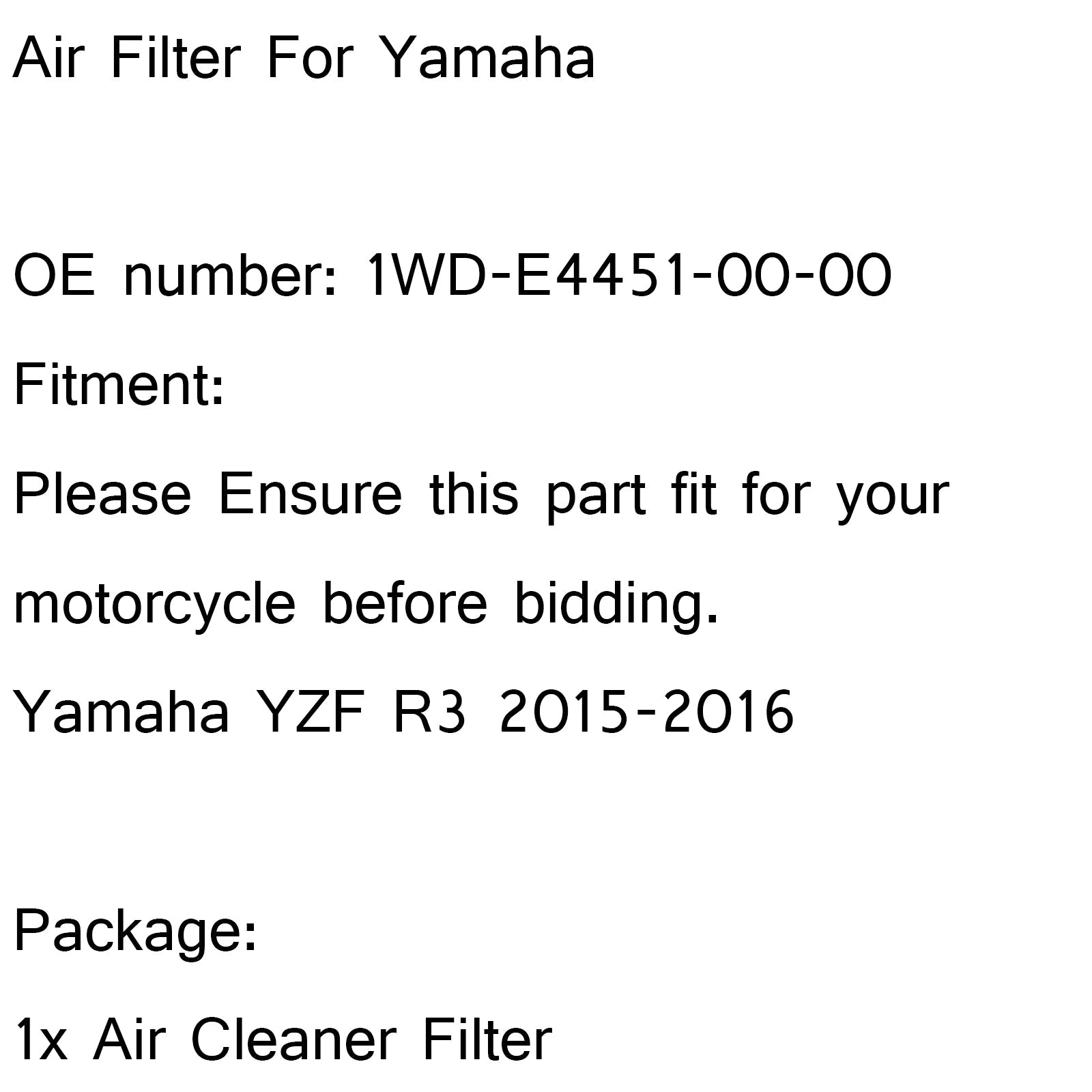 Nettoyeur d'admission de filtre à Air pour Yamaha YZF R1 2015 2016 1WD-E4451-00-00 générique