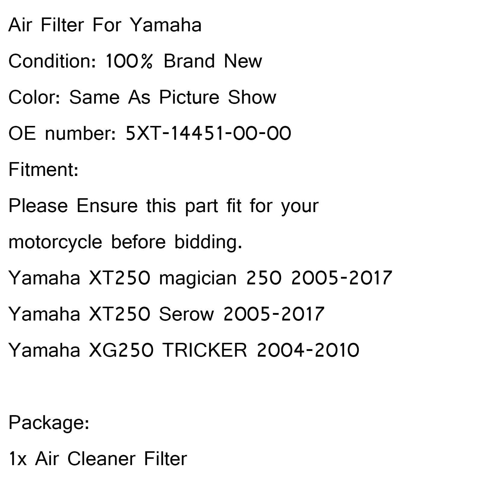 Air Filter Intake Drop In Cleaner For Yamaha XT250 Magician Serow 250 05-17 Generic