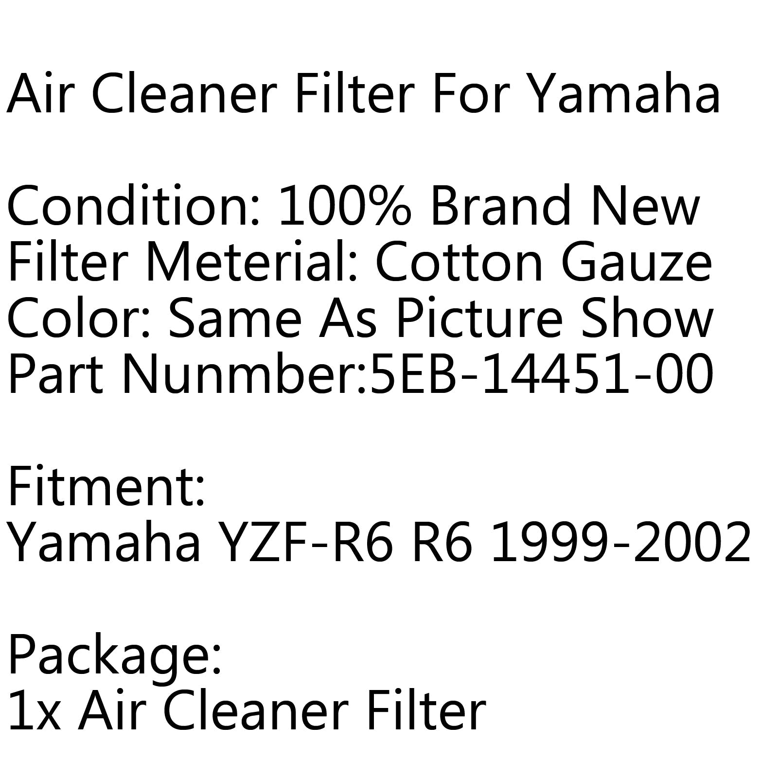 Luchtfilterreinigerelement 5EB-14451-00 voor Yamaha YZF-R6 R6 1999-2002 2001 Generiek