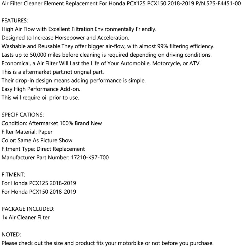 Air Filter Cleaner Element For Honda PCX 125 PCX 150 2018-2019 17210-K97-T00 Generic