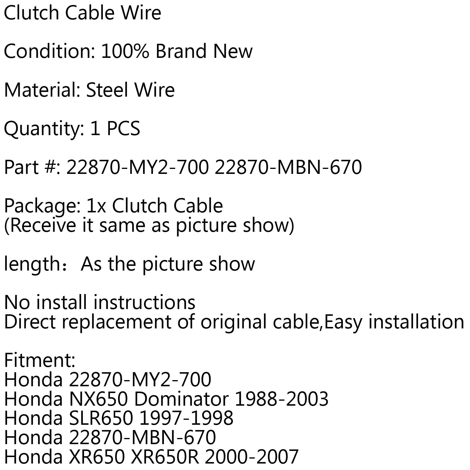 Clutch Cable Replacement For Honda NX650 Dominator 1988-2003 SLR650 XR650 XR650R Generic