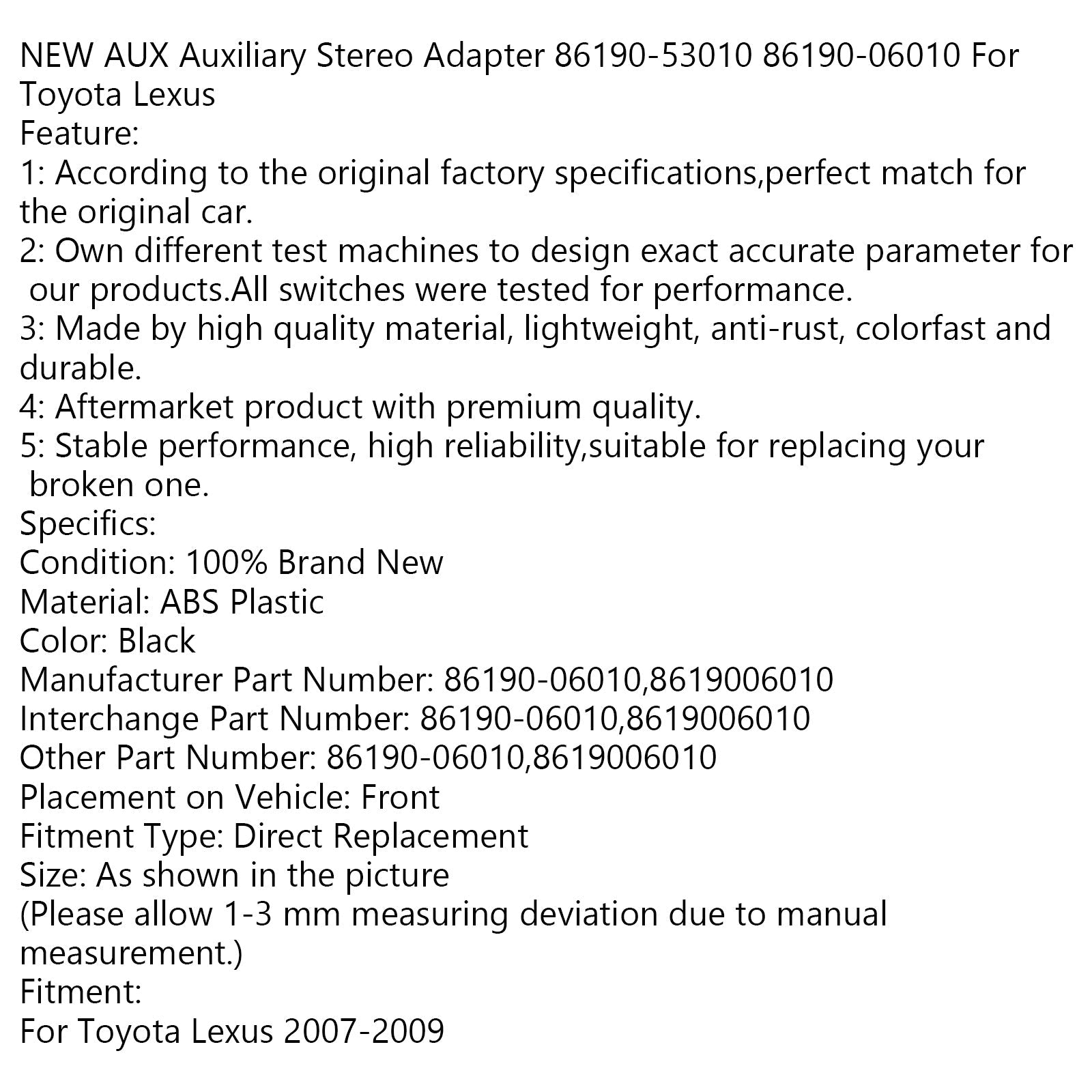 Nouvel adaptateur stéréo auxiliaire AUX 86190-53010 86190-06010 pour Toyota Lexus générique