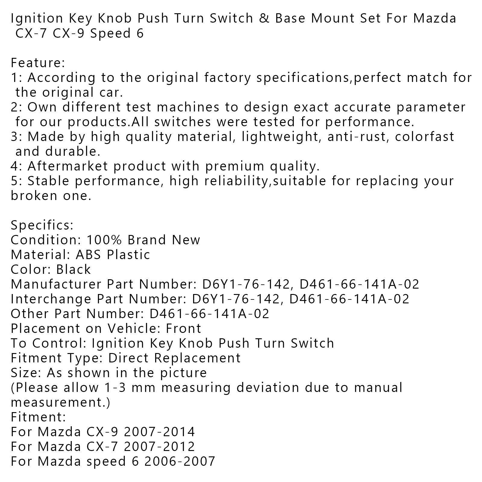 Contactsleutelknop Drukschakelaar en basismontageset voor Mazda CX-7 CX-9 Speed ​​6 Generiek