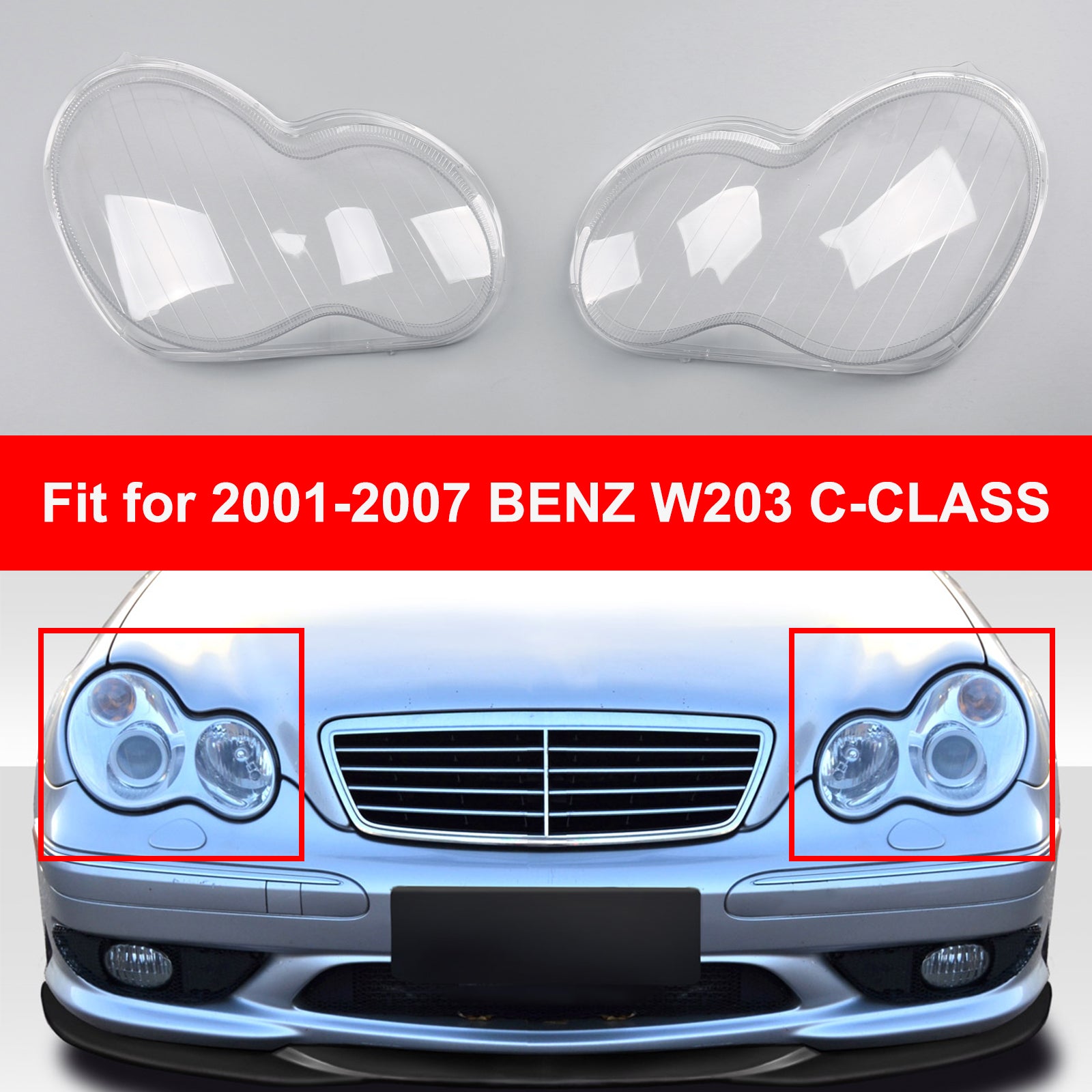 Headlight Lens Shell Plastic Cover Left + Right For 2001-2007 Benz W203 C-Class Generic