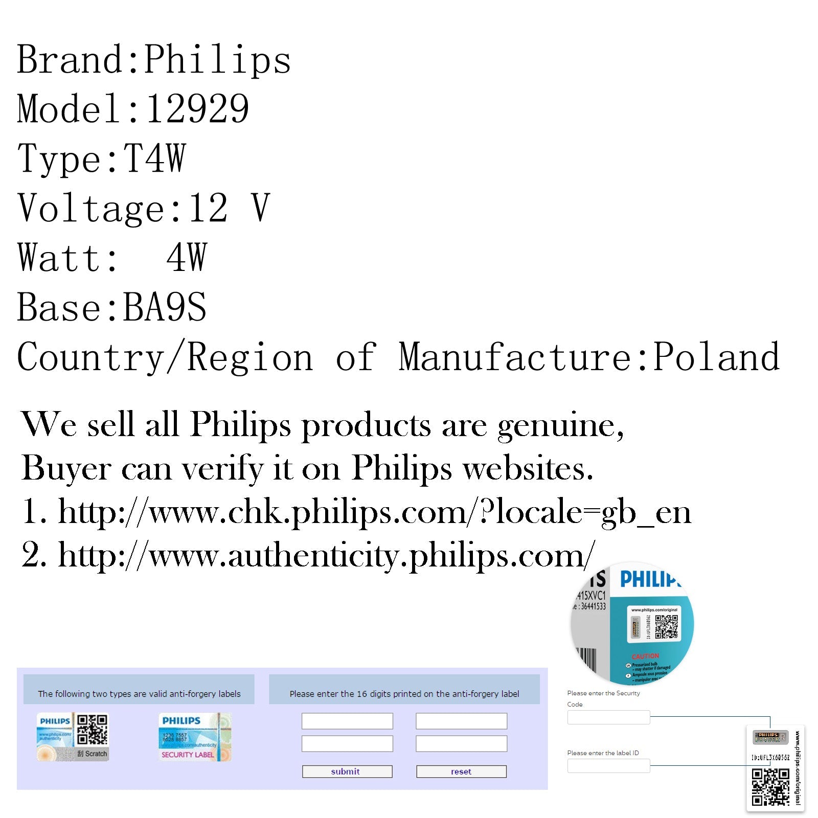 10 STKS Echte PHILIPS 12929 12 V 4 W T4W BA9s Premium Signalering Lampen Generiek