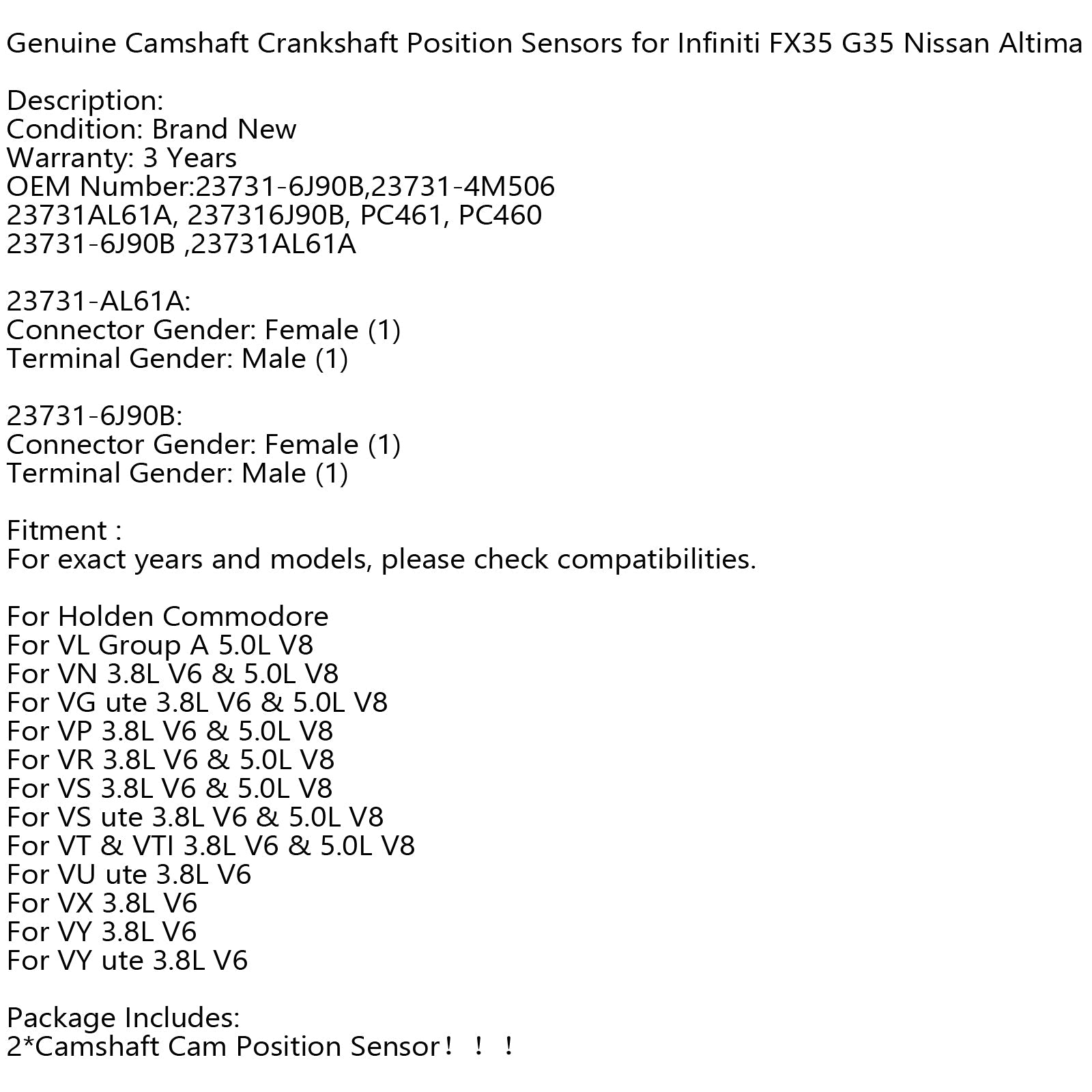 One 23731-6J90B Camshaft Sensor One 23731-4M506 Crankshaft Sensor Fits Nissan Generic