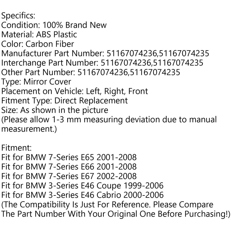 1Pair Mirror Cover Cap fit BMW E46 E65 E66 745i 750i 51167074236+51167074235 Generic