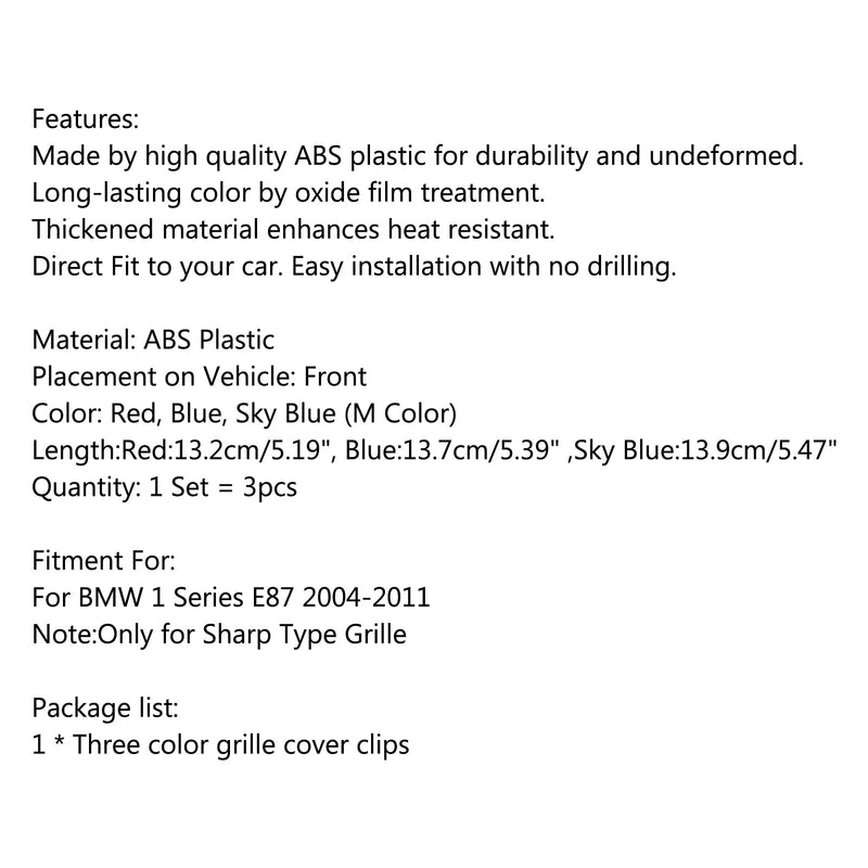 3PCS Kidney Grille M Tech Tricolor Cover Stripe Clips For 2004-2011 BMW E87 Generic