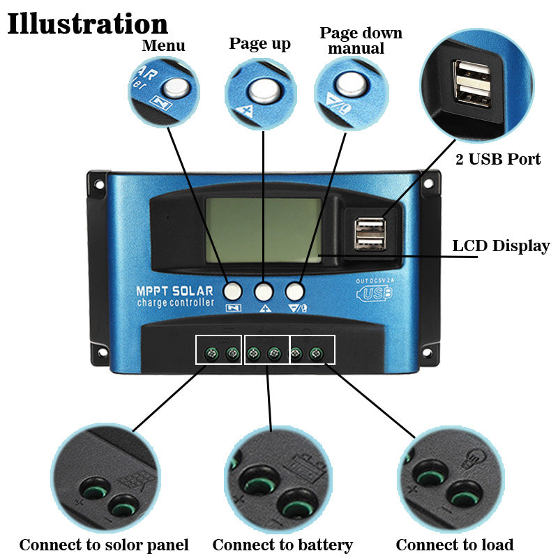 30/40/50/60/100A MPPT Solar Panel Regulator Charge Controller 12V/24V Auto Focus Tracking