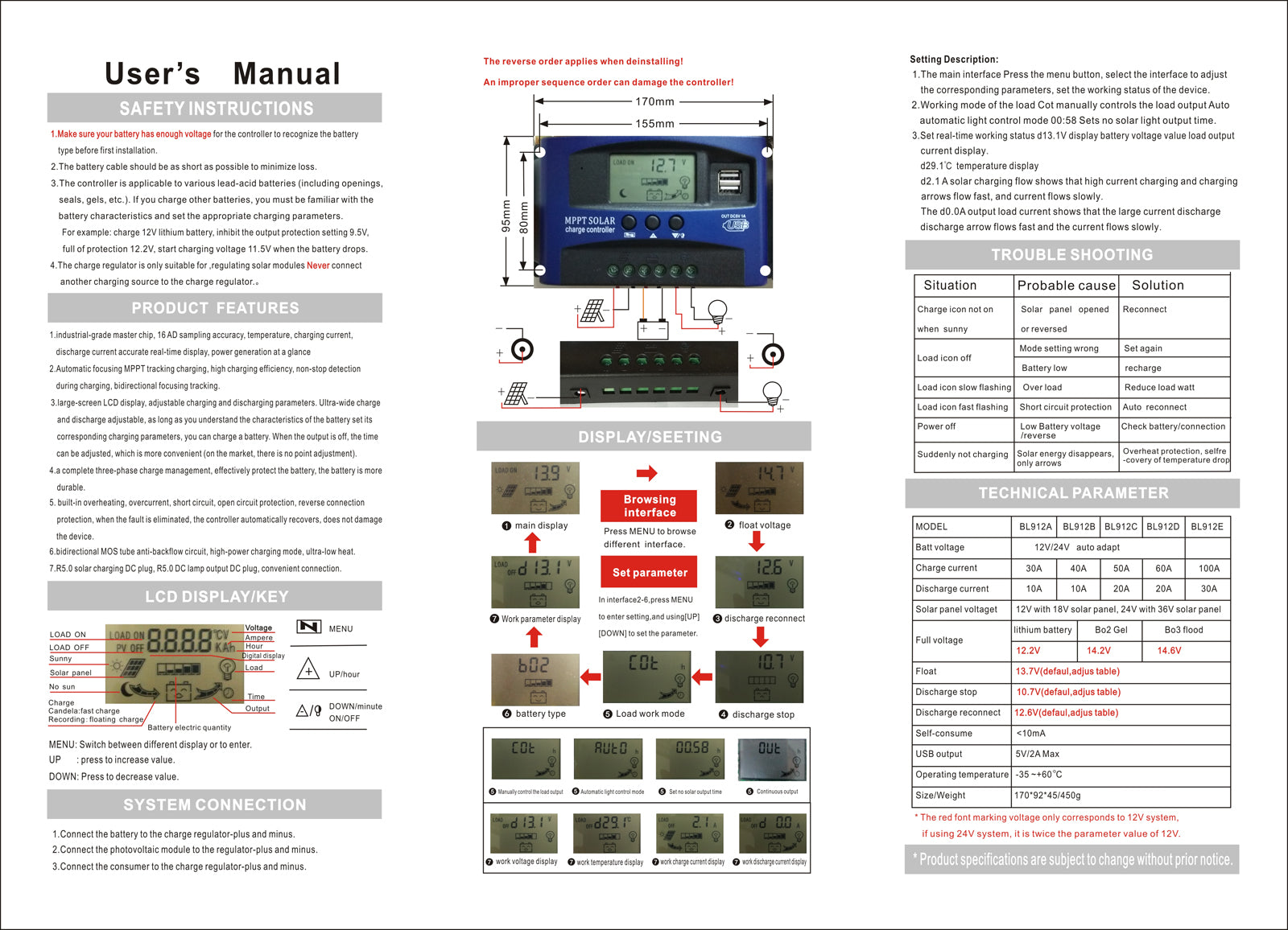 30/40/50/60/100A MPPT Solar Panel Regulator Charge Controller 12V/24V Auto Focus Tracking