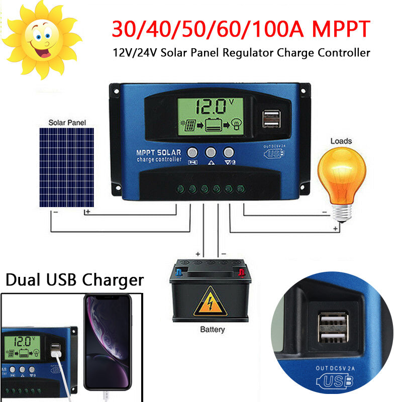 Contrôleur de Charge de régulateur de panneau solaire MPPT 30/40/50/60/100A 12 V/24 V suivi de mise au point automatique