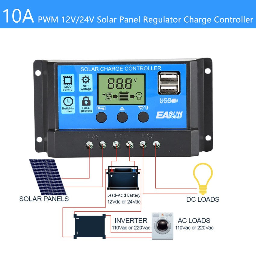 Controller PWM Solar 10-60A 12/24V Auto Focus Tracking Panel Regulator Charge