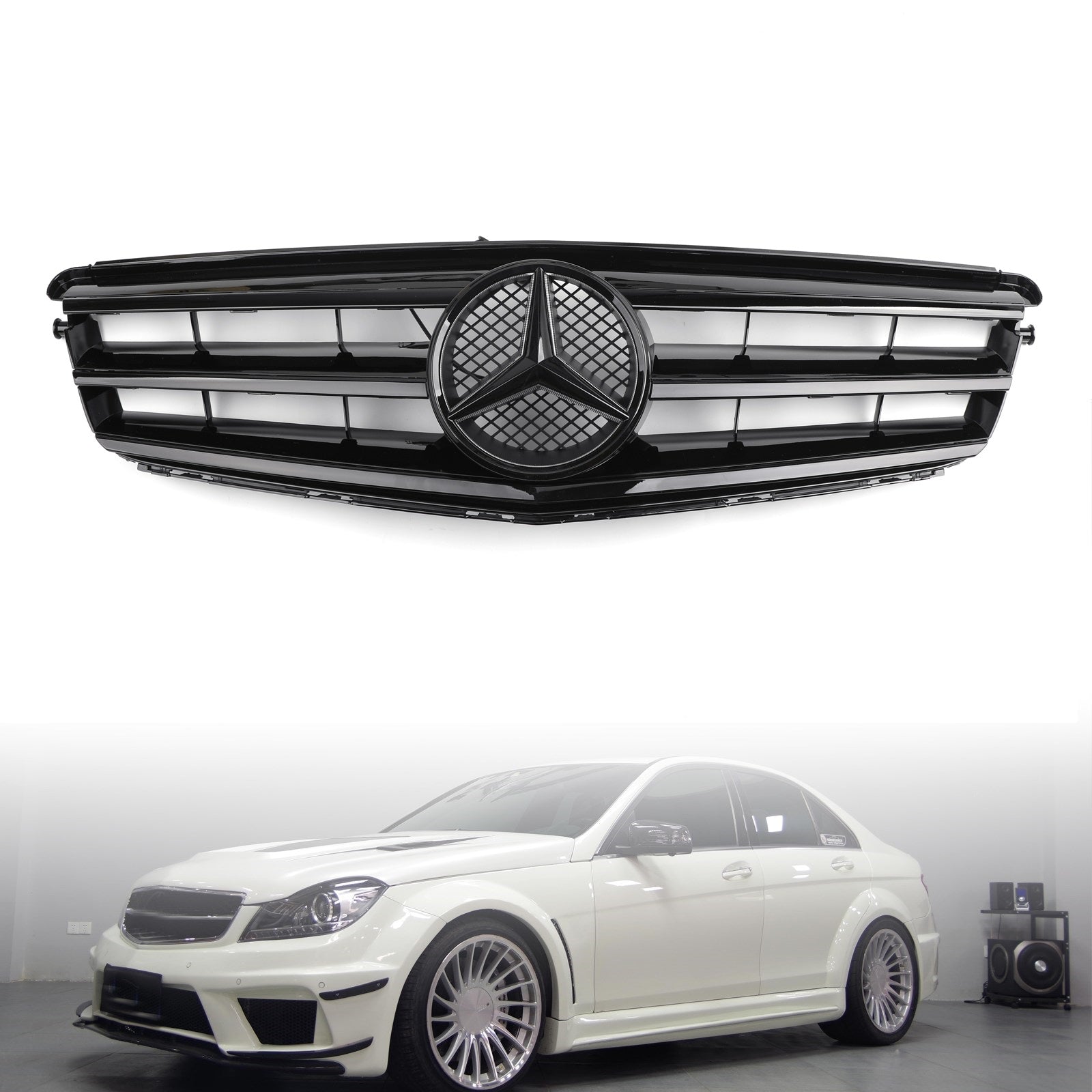 2008-2014 Benz C-KlasseW204 W/LED-embleem C300/C350 Zwarte voorbumpergrille Generiek