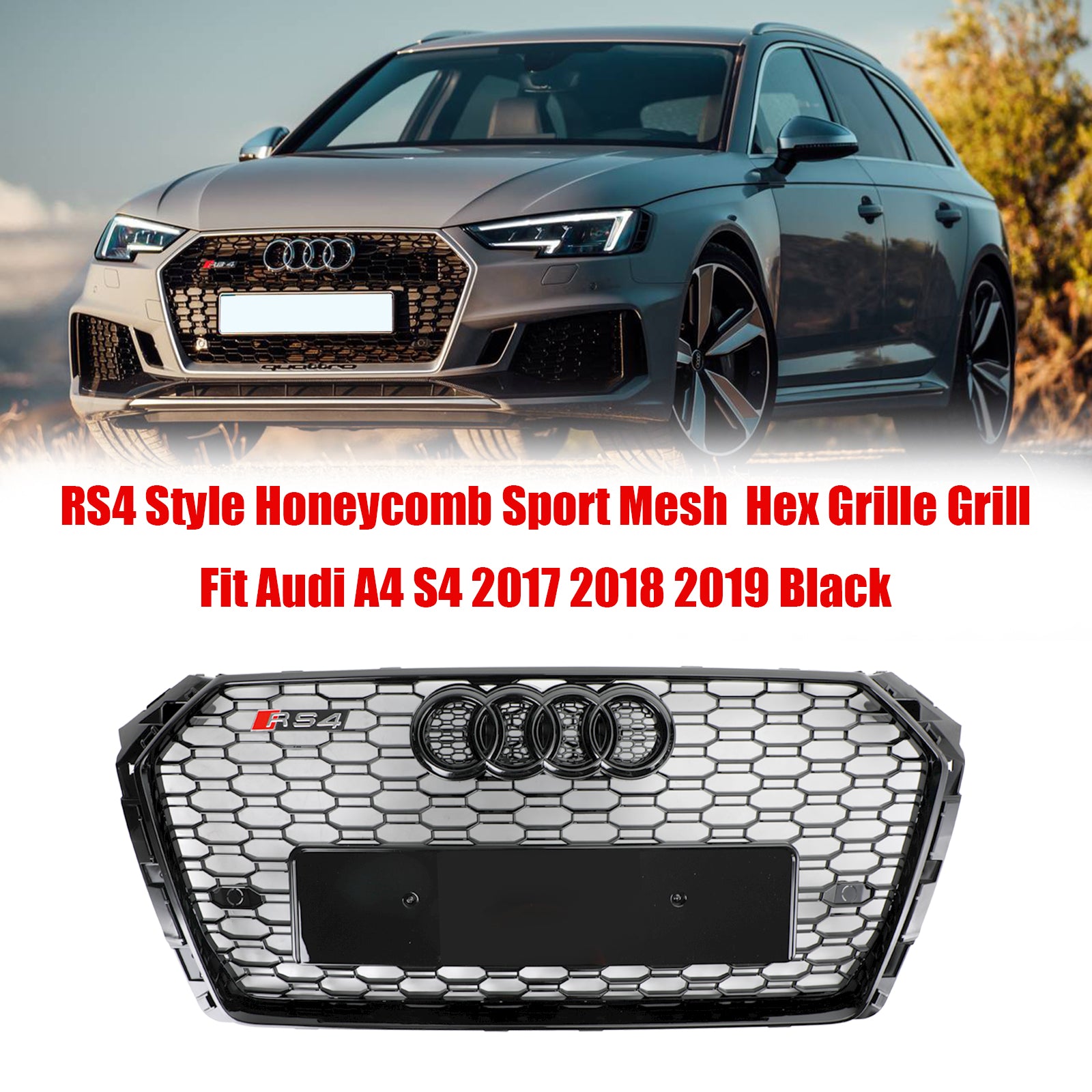 2017-2019 Audi A4/S4 B9 RS4 Style Honeycomb Mesh Hex Grille Grill Black