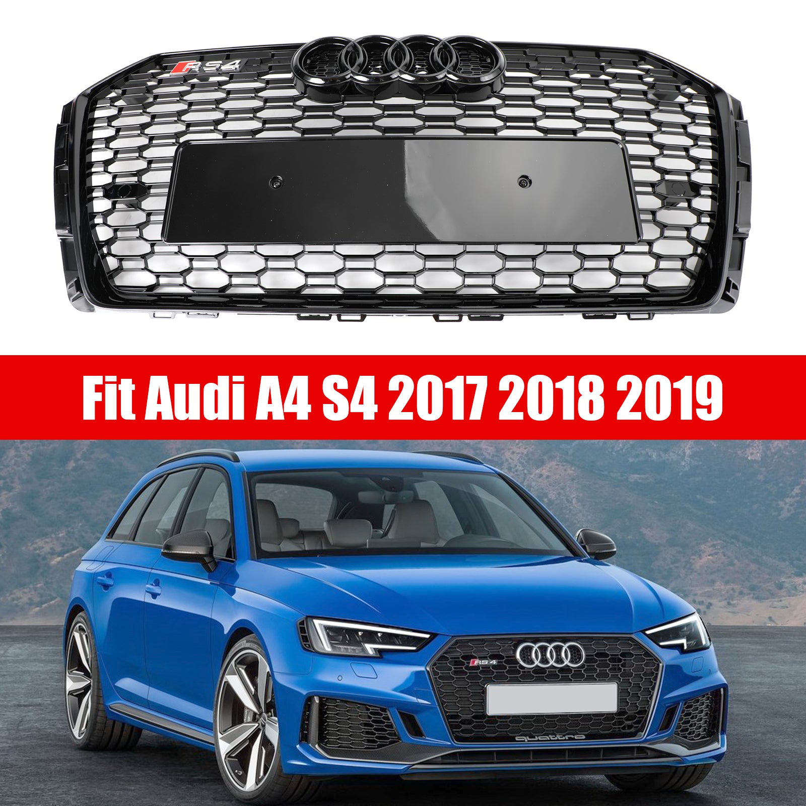 2017-2019 Audi A4/S4 B9 RS4 Style Honeycomb Mesh Hex Grille Grill Black