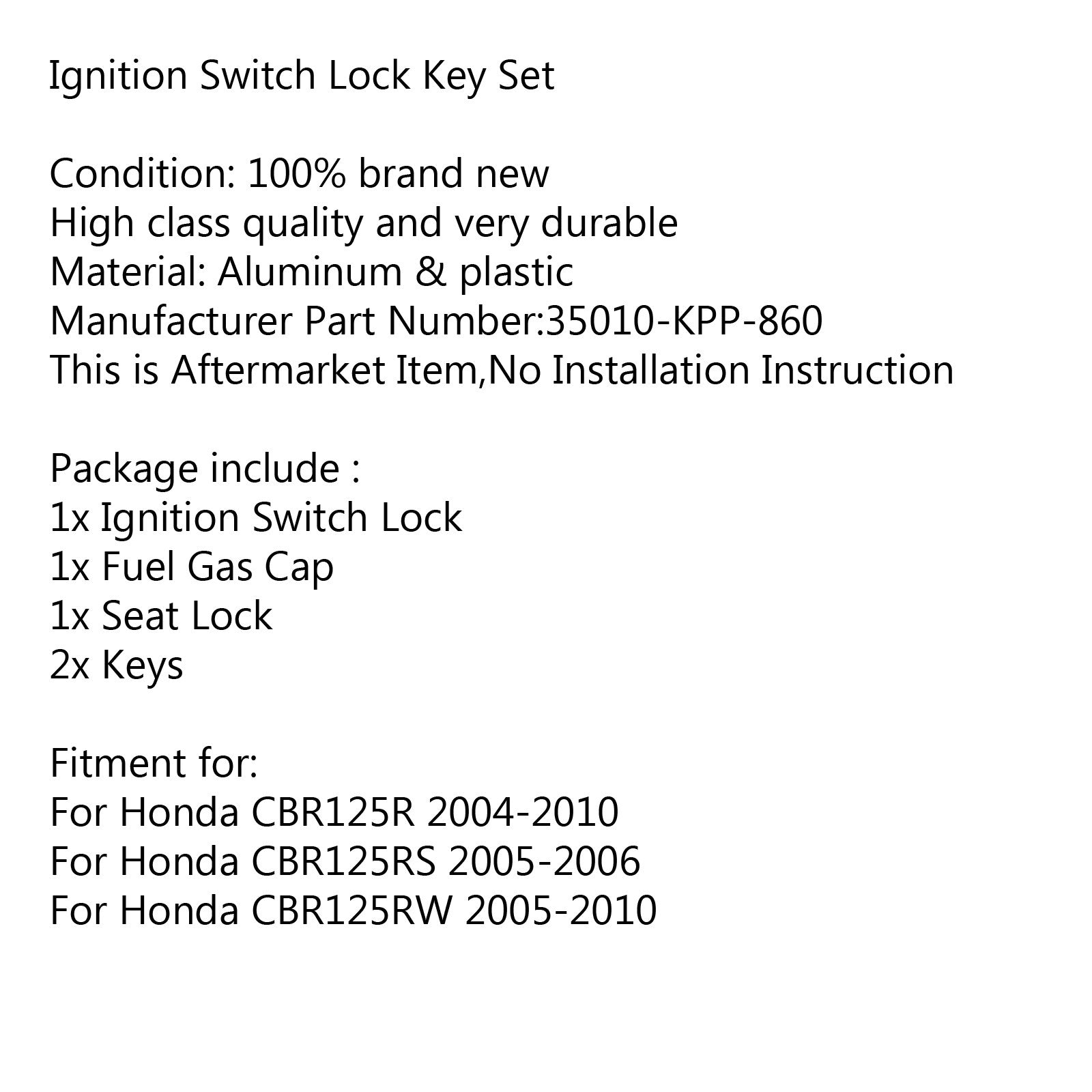 Ignition Switch Fuel Gas Cap Seat Lock Key Set For Honda CBR125R 04-10 CBR125RS Generic