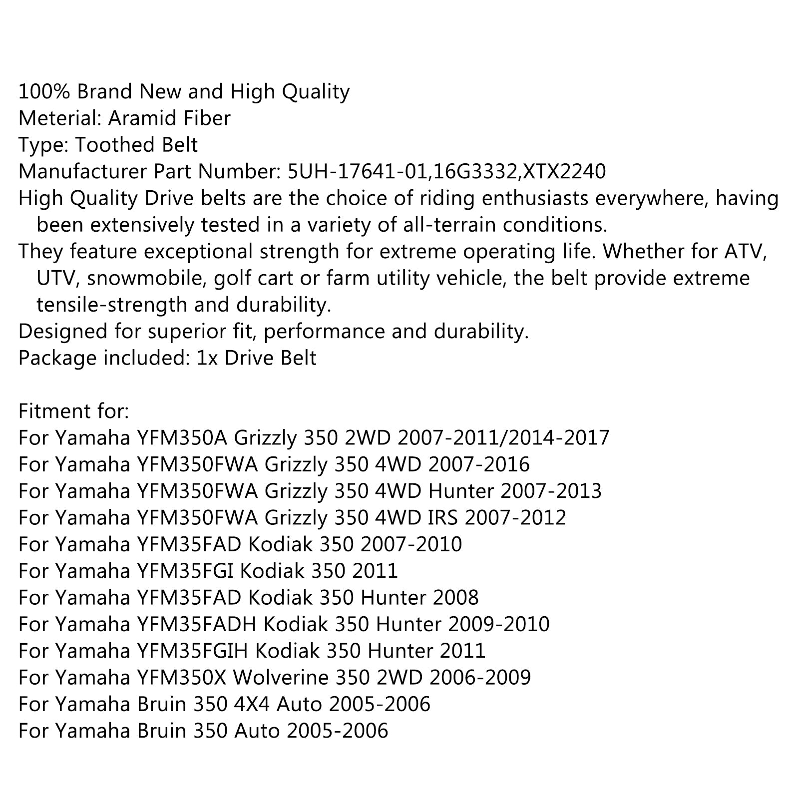 Aandrijfriem XTX2240 voor Yamaha Grizzly 350 4WD Hunter Kodiak Bruin 4X4 YFM350A Generiek