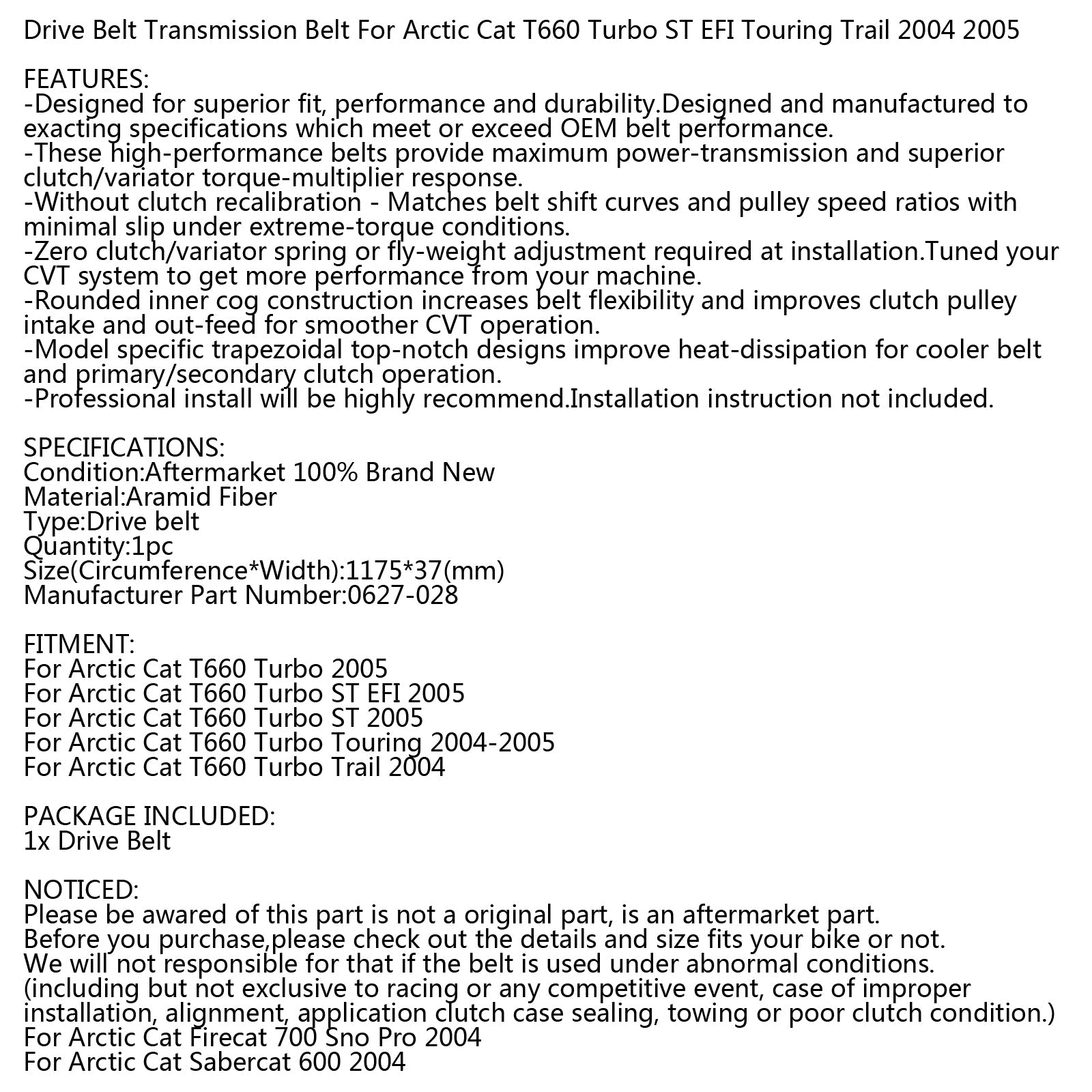 Aandrijfriem voor Arctic Cat Sneeuwscooter 0627-028 T660 Turbo Trail Touring 2004-2005 Generiek