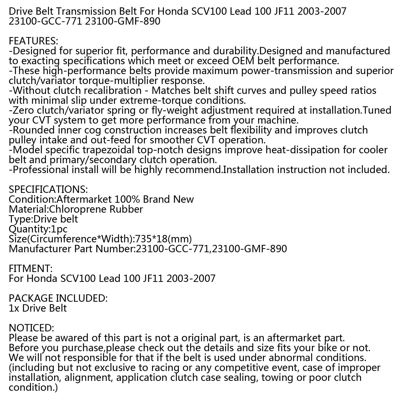 Drive Belt 735OC x 18W For Honda SCV 100 Lead JF11 03-07 Scooter 23100-GCC-771 Generic