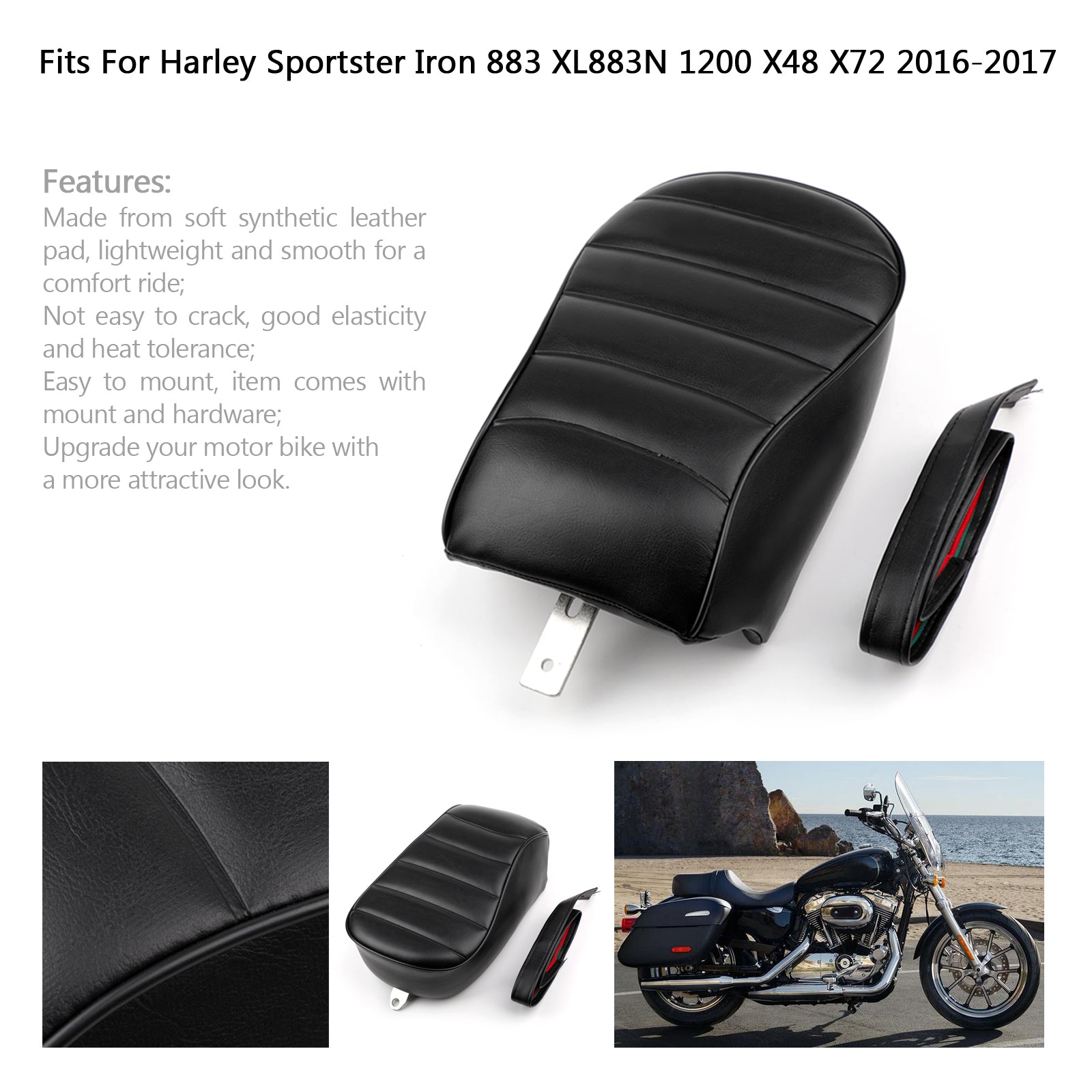 Svart passasjerstolpesete bak for Sportster Iron 883 XL883N 2016 2017 Generisk