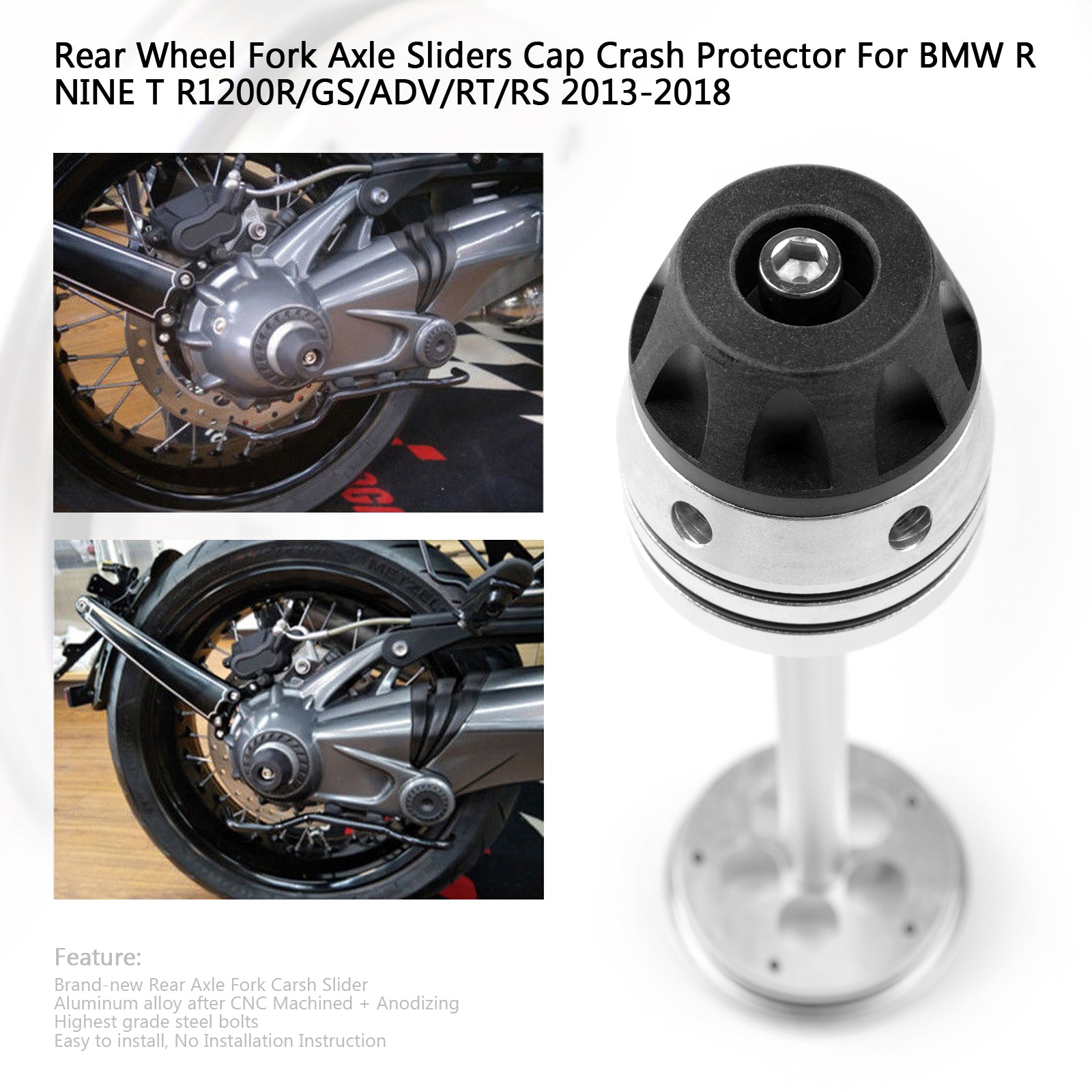 Rear Axle Sliders Fork Protector Fit for BMW R1200GS/LC/ADV R1200R/RS/RT R NineT 2007-2018 Silver Generic