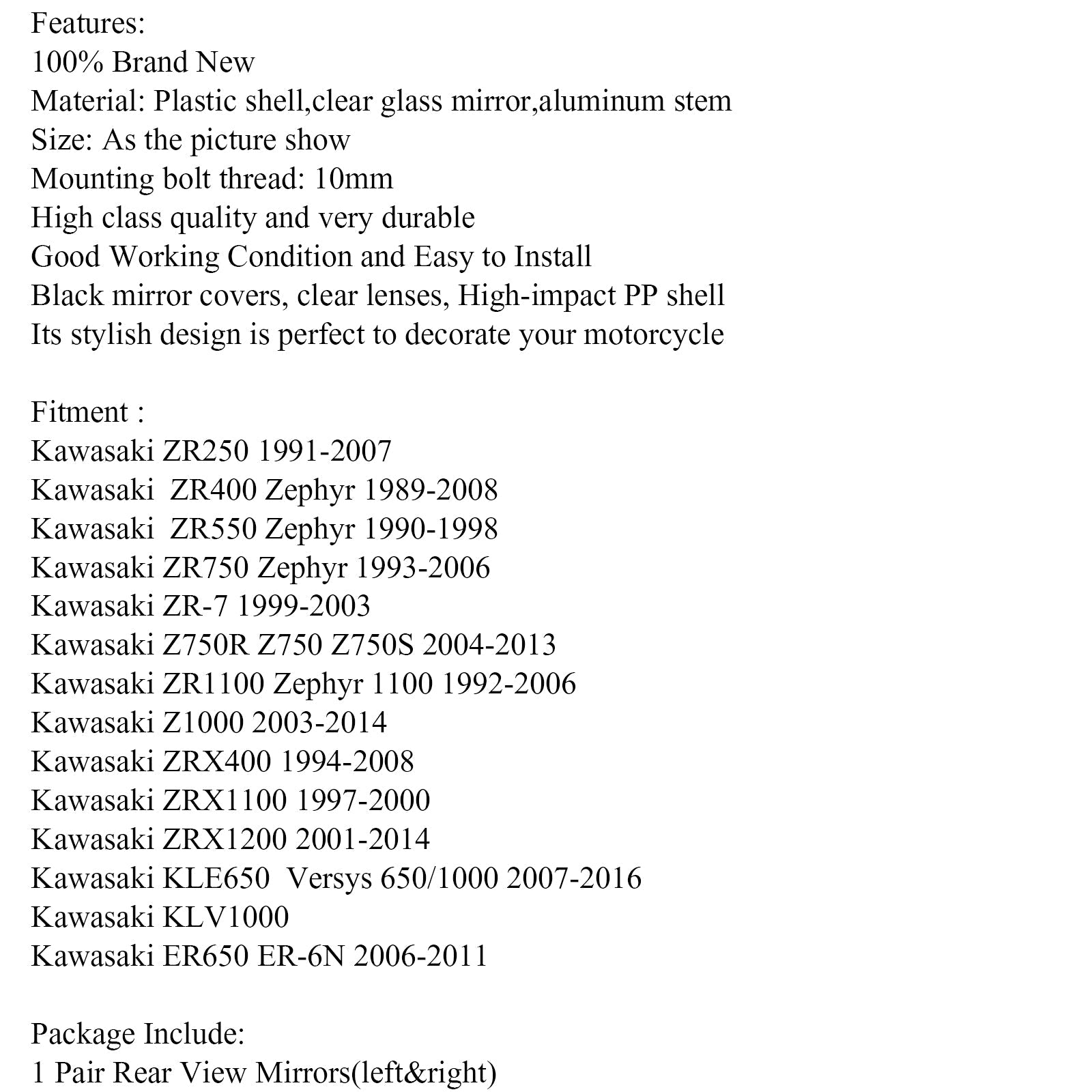10 mm paar achteruitkijkspiegel voor Kawasaki ZR-7 ZRX1200 2001-2008 Zephyr 1100/750 generiek