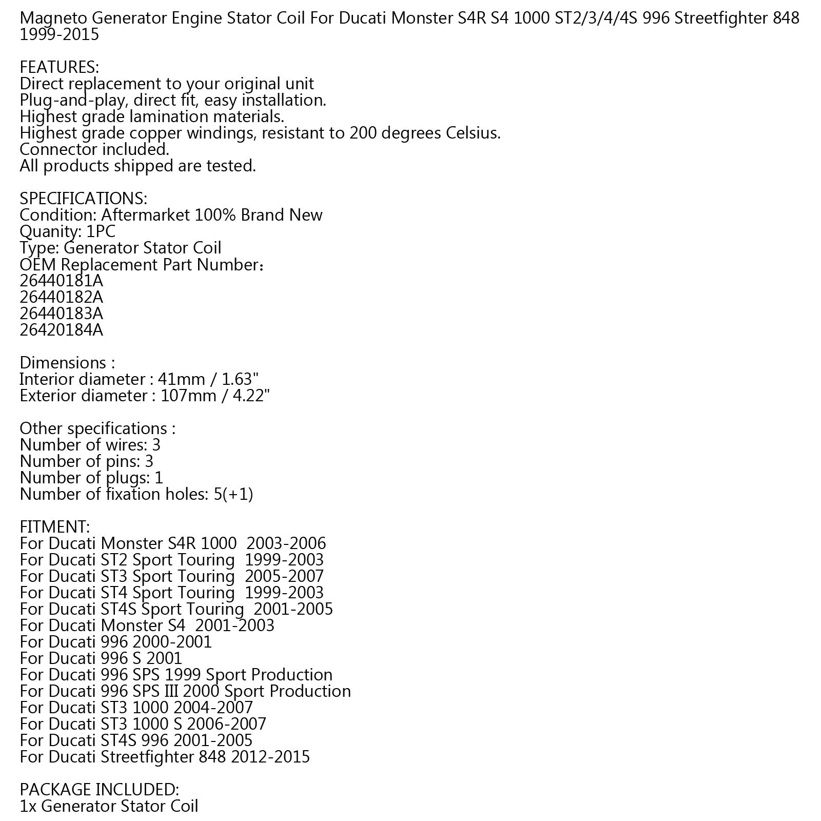 Generator Stator Coil For Ducati Monster S4R 1000 (03-06) 996 (00-2001) Generic