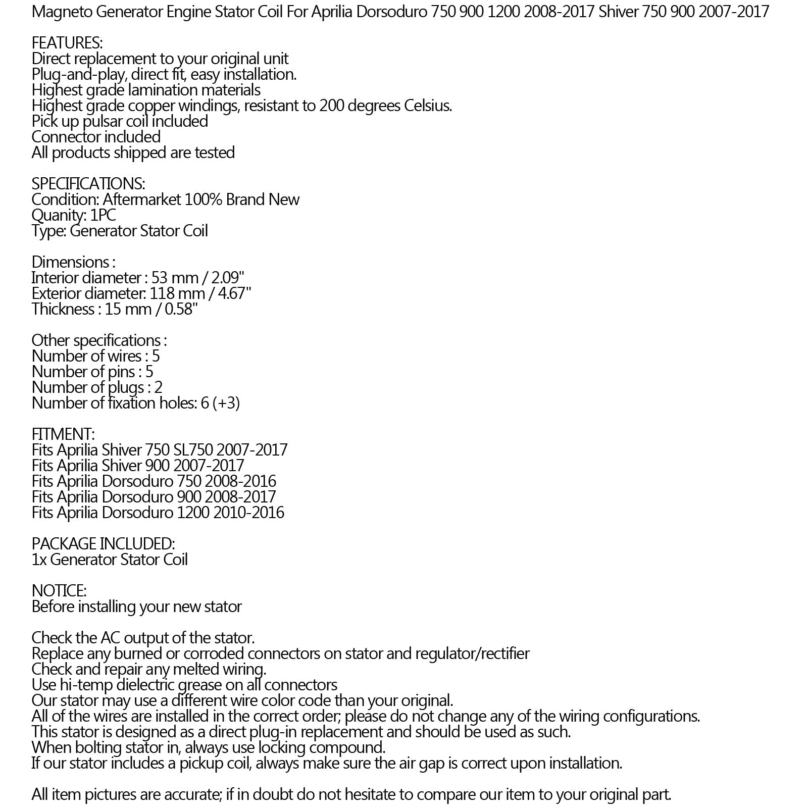 Statorgenerator Geschikt voor Aprilia Dorsoduro 750 900 1200 Shiver 750 900 2007-2017 Generiek