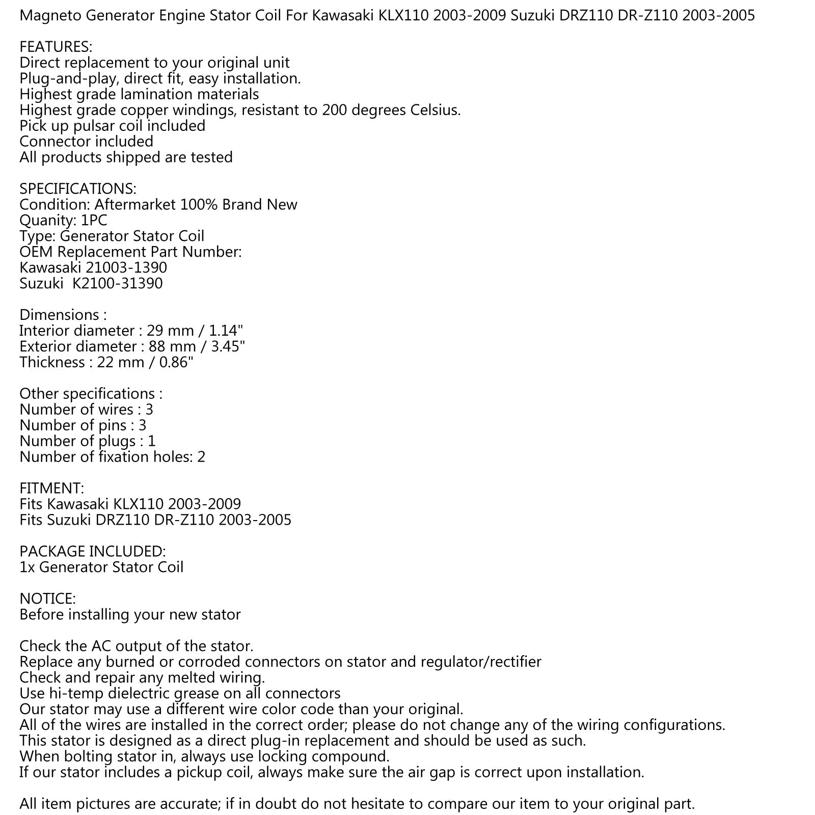 Magneto Generator Stator Coil For Kawasaki KLX110 03-09 Suzuki DRZ110 2003-05 Generic
