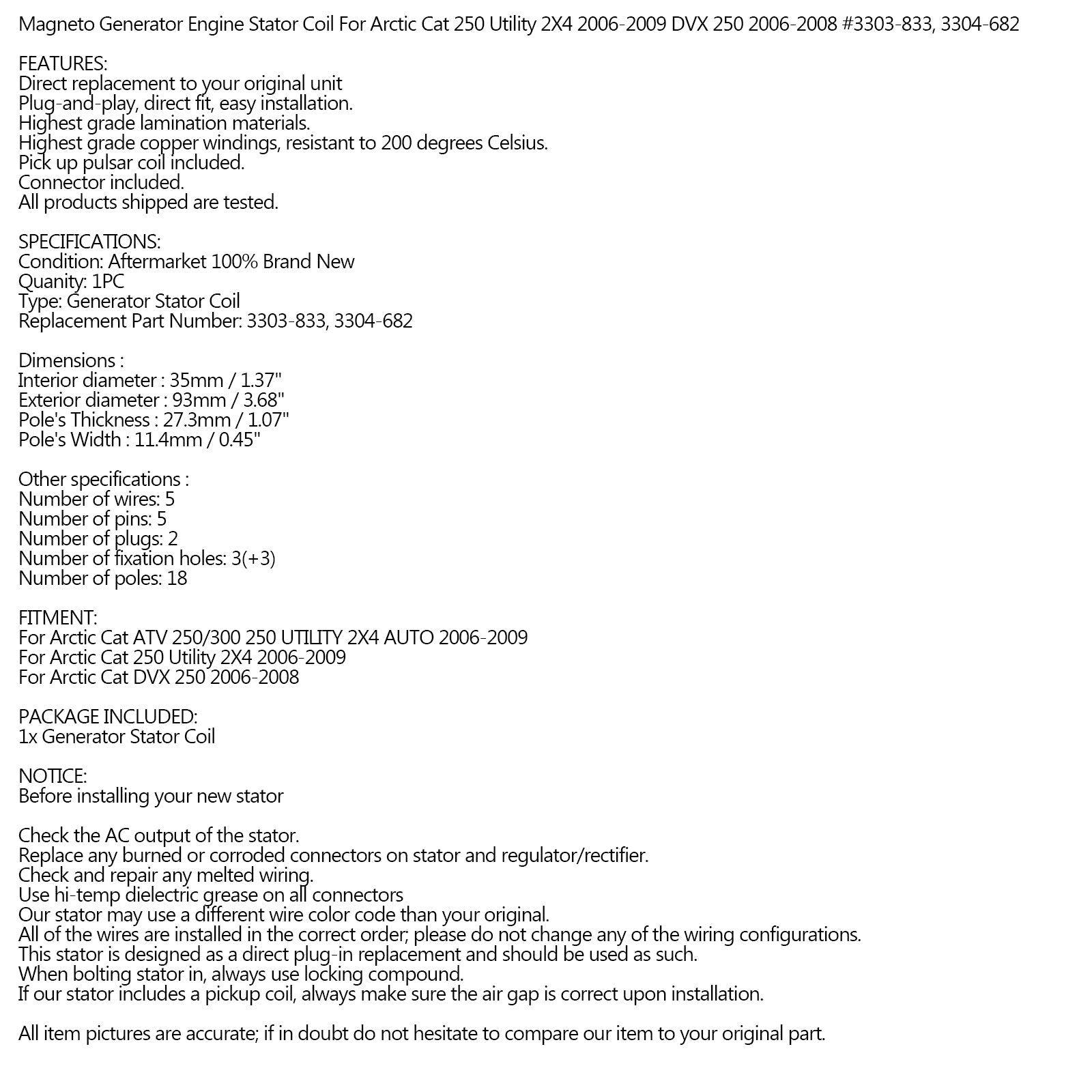 Generator Stator For Arctic Cat 06-09 ATV 250/300 UTILITY 2x4 3303-833 3304-682 Generic