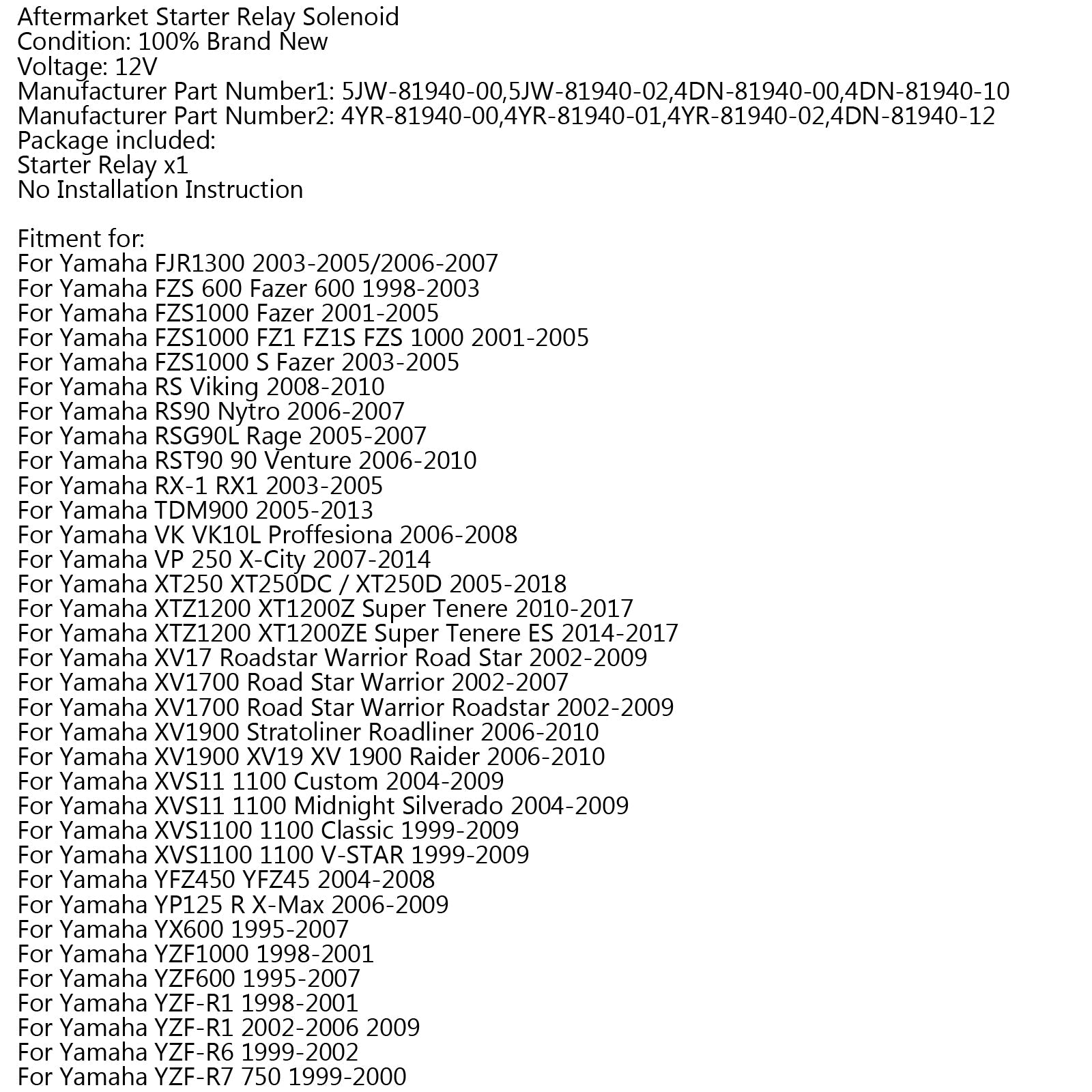 Starter Relay Solenoid For Yamaha FJR1300 YZF-R1 YZF-R6 YZF-R7 YZF600 FZS1000 Generic