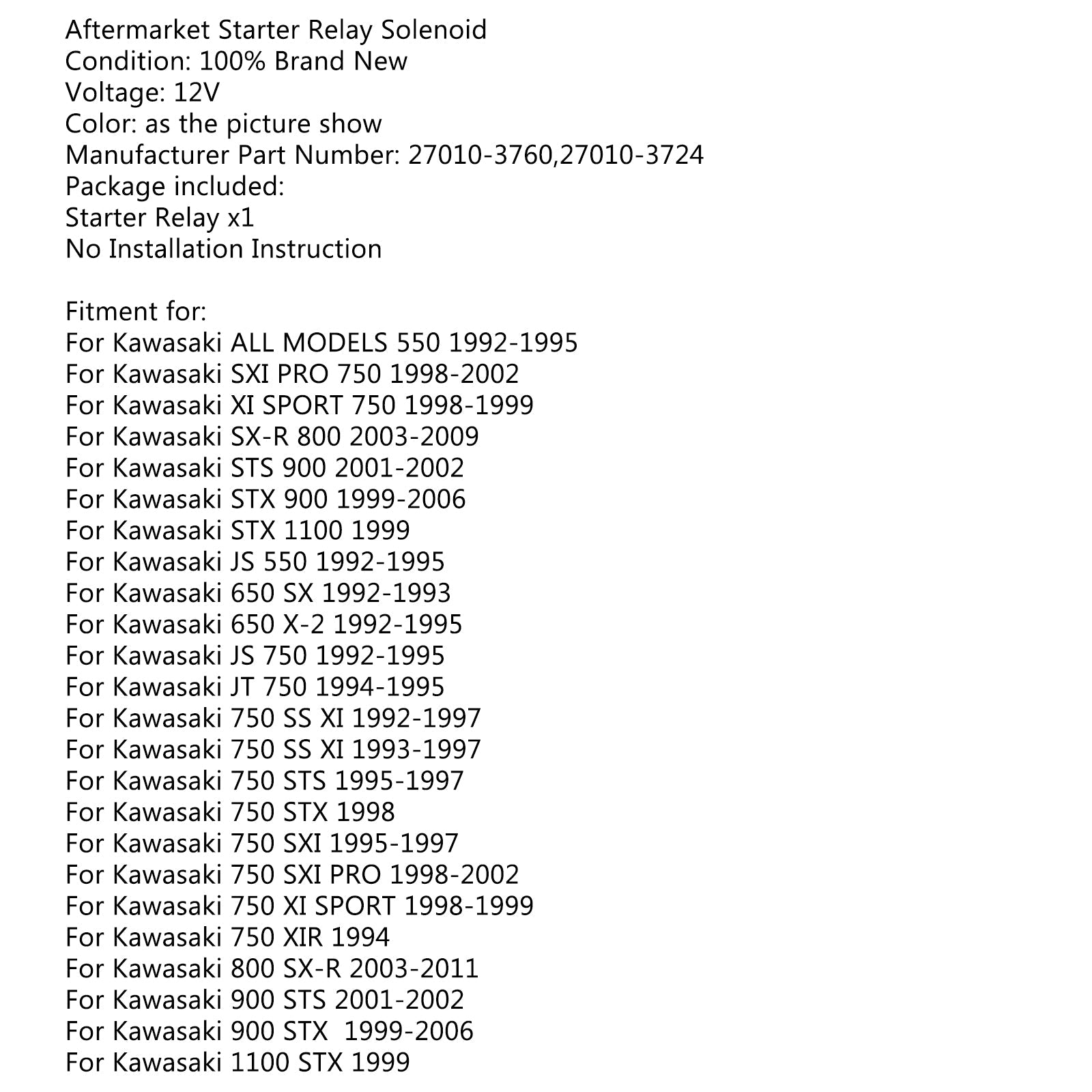 Starter Relay Solenoid Fits KAWASAKI JT1100 1100 STX 1999 27010-3724 27010-3760 Generic