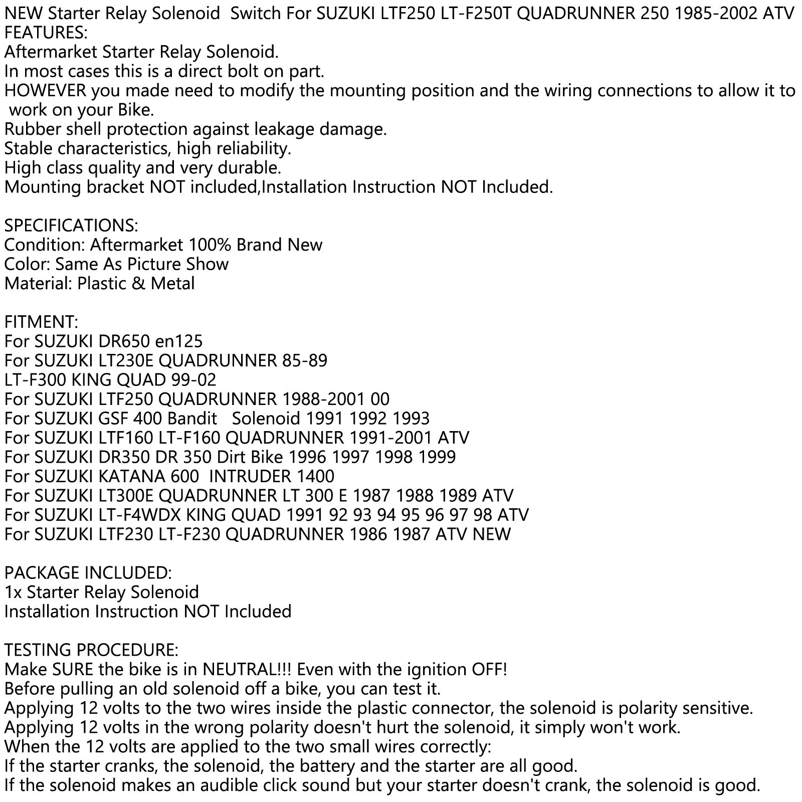 Startrelais PAST SUZUKI LTF250 LT-F250T QUADRUNNER 250 1985-2002 ATV Generiek