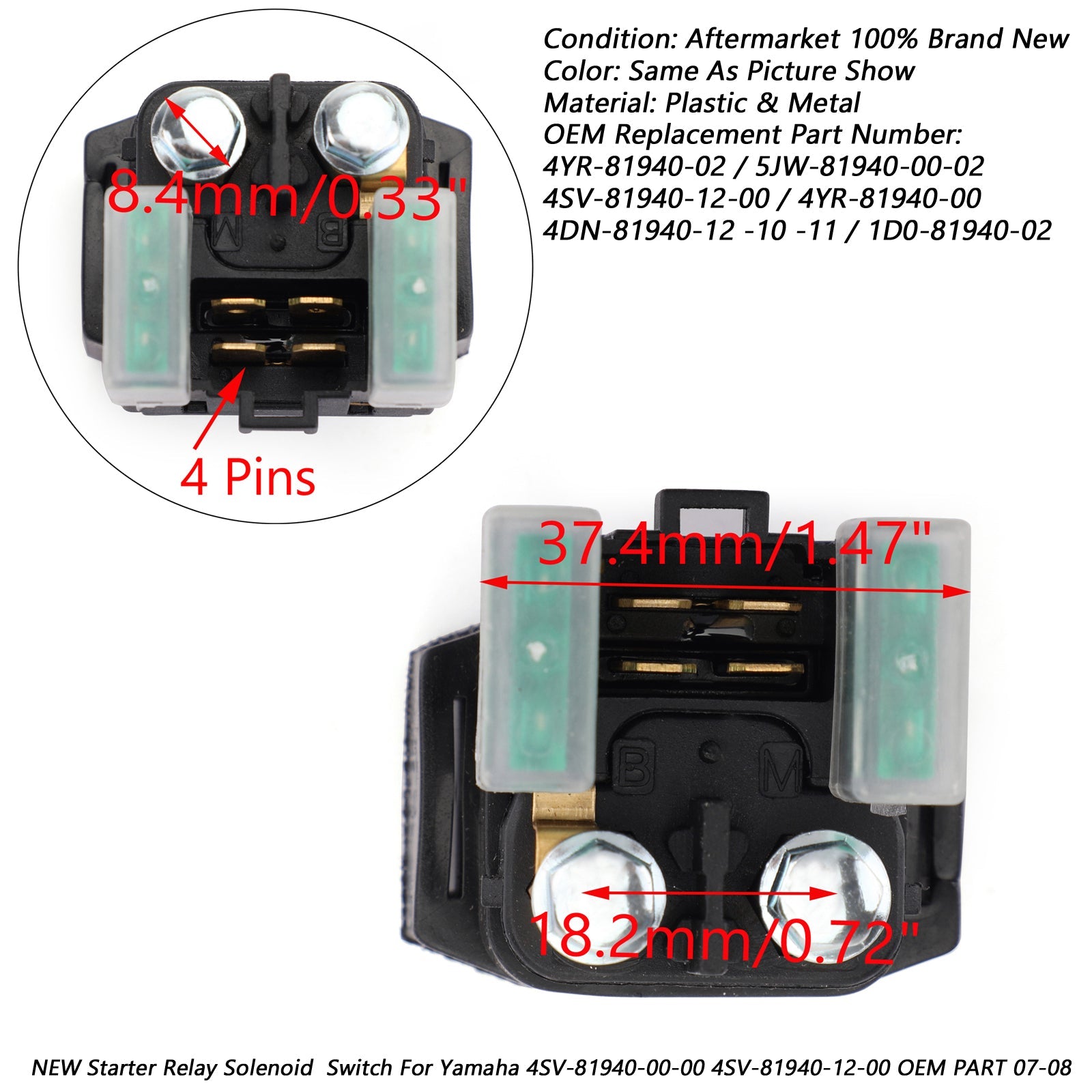 Startrelaismagneet voor Yamaha 4SV-81940-00-00 4SV-81940-12-00 OEM DEEL 07-08 Generiek