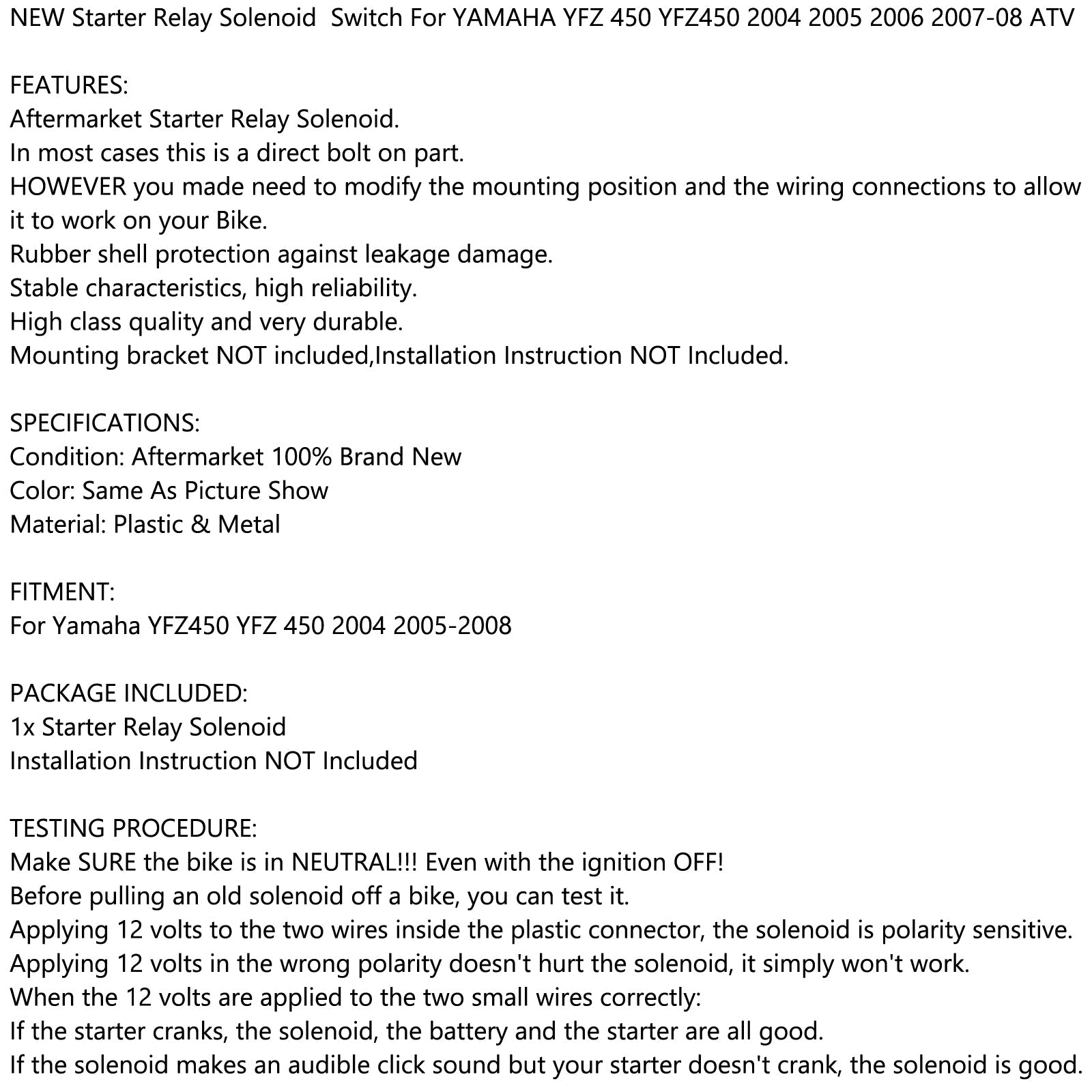 Starter Relay Solenoid For YAMAHA YFZ 450 YFZ450 2004 2005 2006 2007-08 ATV NEW Generic