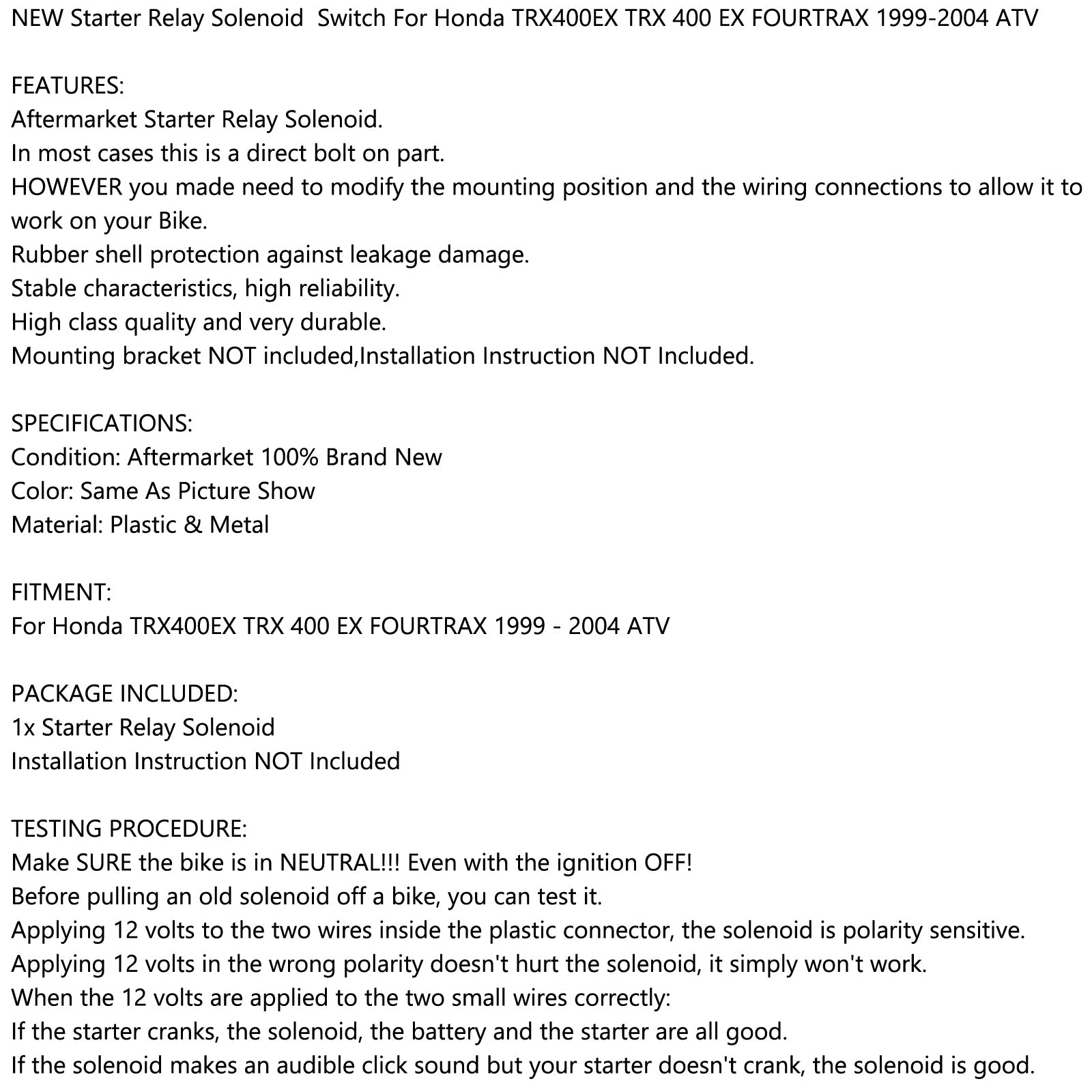Starter Relay Solenoid Fits Honda TRX400EX TRX 400 EX FOURTRAX 1999-2004 ATV NEW Generic