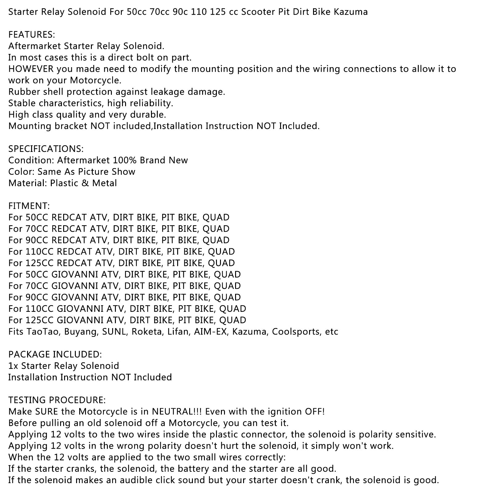 Starter Relay Solenoid For 50cc 70cc 90c 110 125 cc Scooter Pit Dirt Bike Kazuma Generic