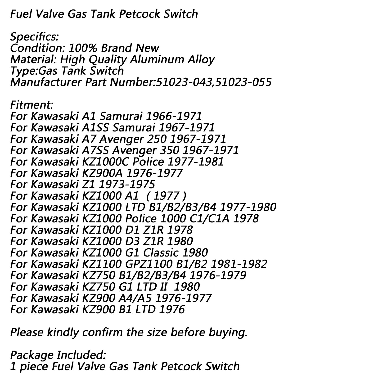 Interrupteur de réservoir de gaz, Valve Petcock de carburant, pour Kawasaki A1 Samurai Z1 KZ1000 51023 – 043 générique