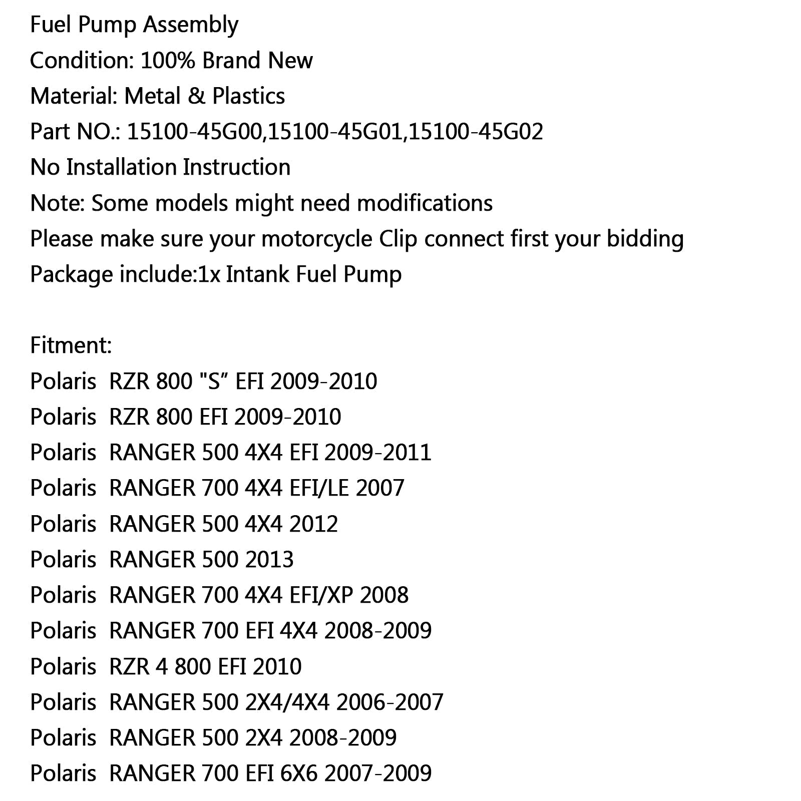 Nouvelle pompe à carburant pour Polaris RZR 800 S EFI 09-10 700 4X4 EFI/LE 500 2X4 2006 générique