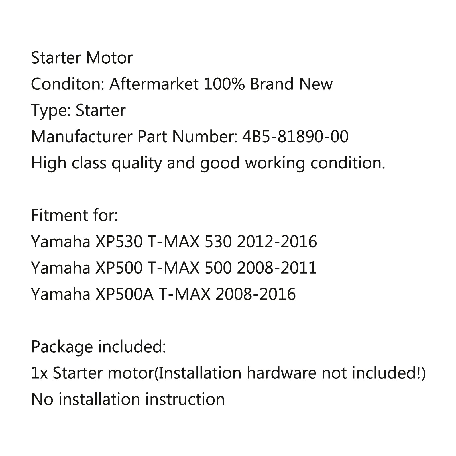 Démarreur de moteur pour Yamaha XP530 T-MAX 530 2012-2016 XP500 T-MAX 500 2008-2011 générique