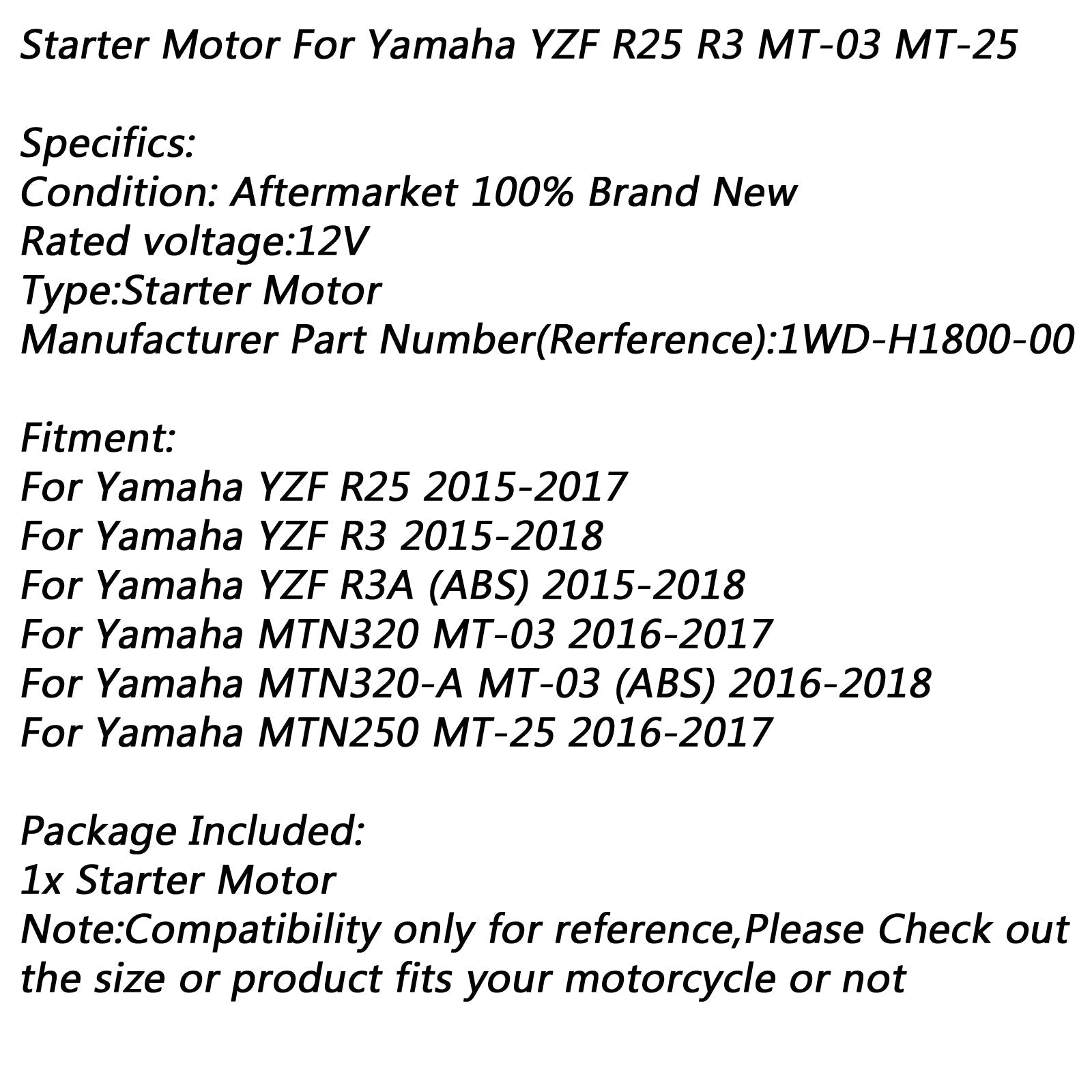 Elektrische startmotor voor Yamaha YZF R25 15-17 R3 15-18 MT-03 2016-2017 MT-25 Generiek