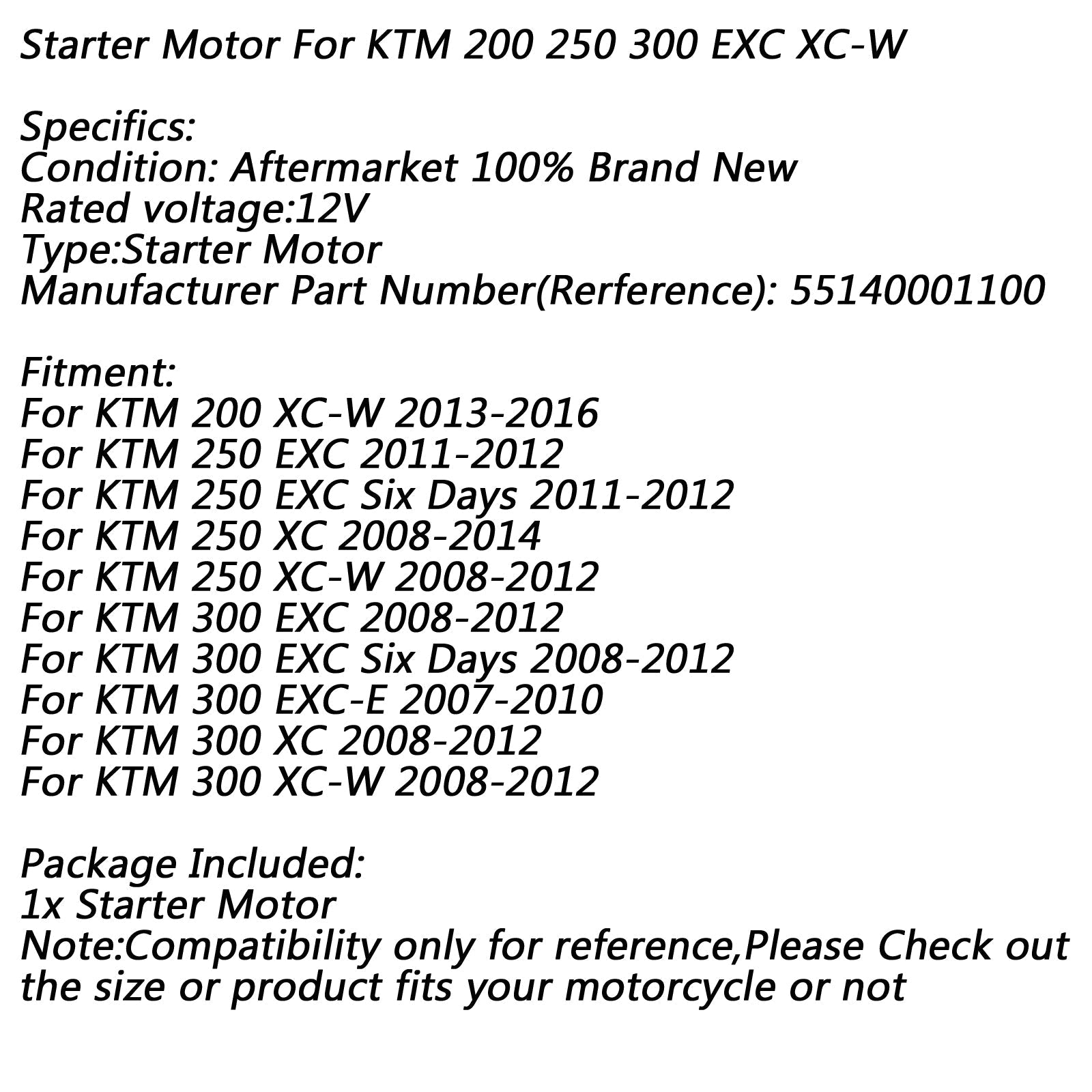 Elektrische startmotor voor KTM 200 XC-W 2013-2016 250 300 EXC XC XC-W Zes Dagen Generiek