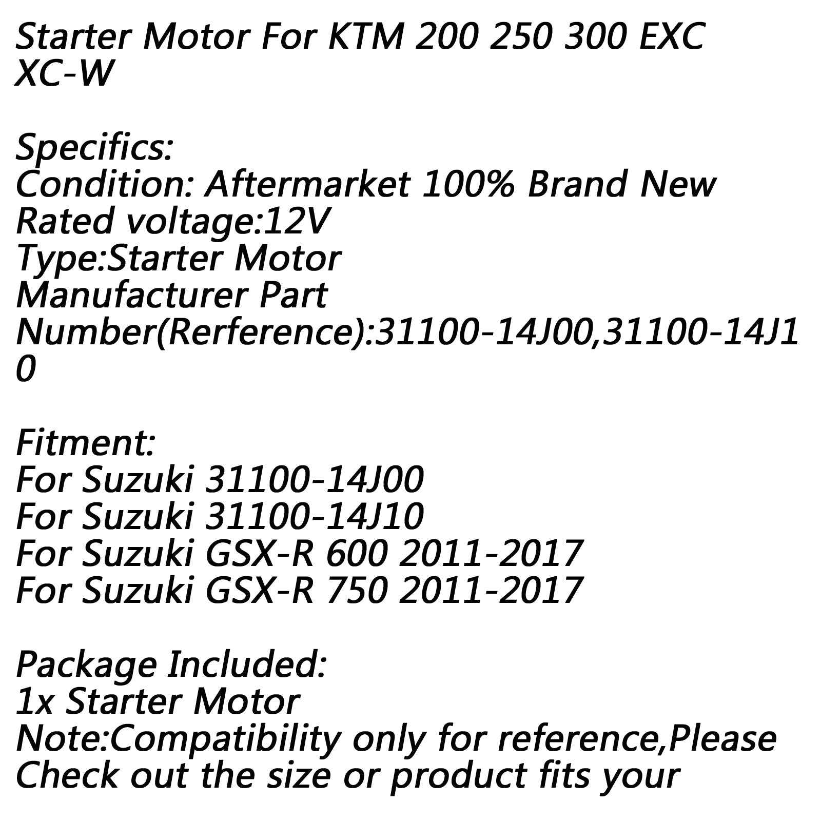 Electric Starter Motor for Suzuki GSX-R 600 GSX-R750 2011-2017 2012 2015 Generic