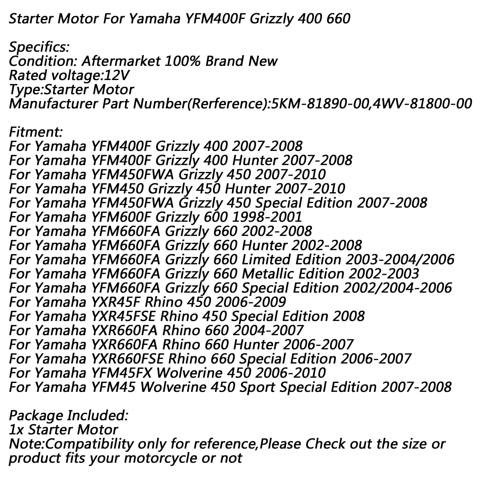 1998-2001 Yamaha YFM600F Grizzly 600 Nouveau démarreur 9 cannelures 4WV-81800-00-00