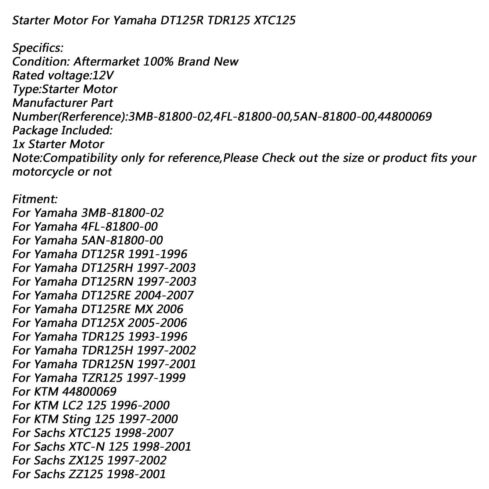 STARTER Motor FOR Yamaha DT125R 91-96 DT125 RE TDR125 TDR125H KTM LC2 125 Sachs Generic